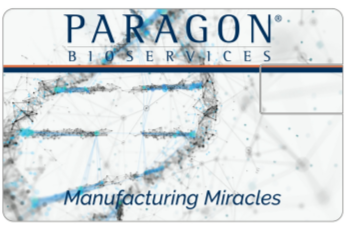 Paragon Bio Services logo with the slogan 'Manufacturing Miracles' and a stylized background