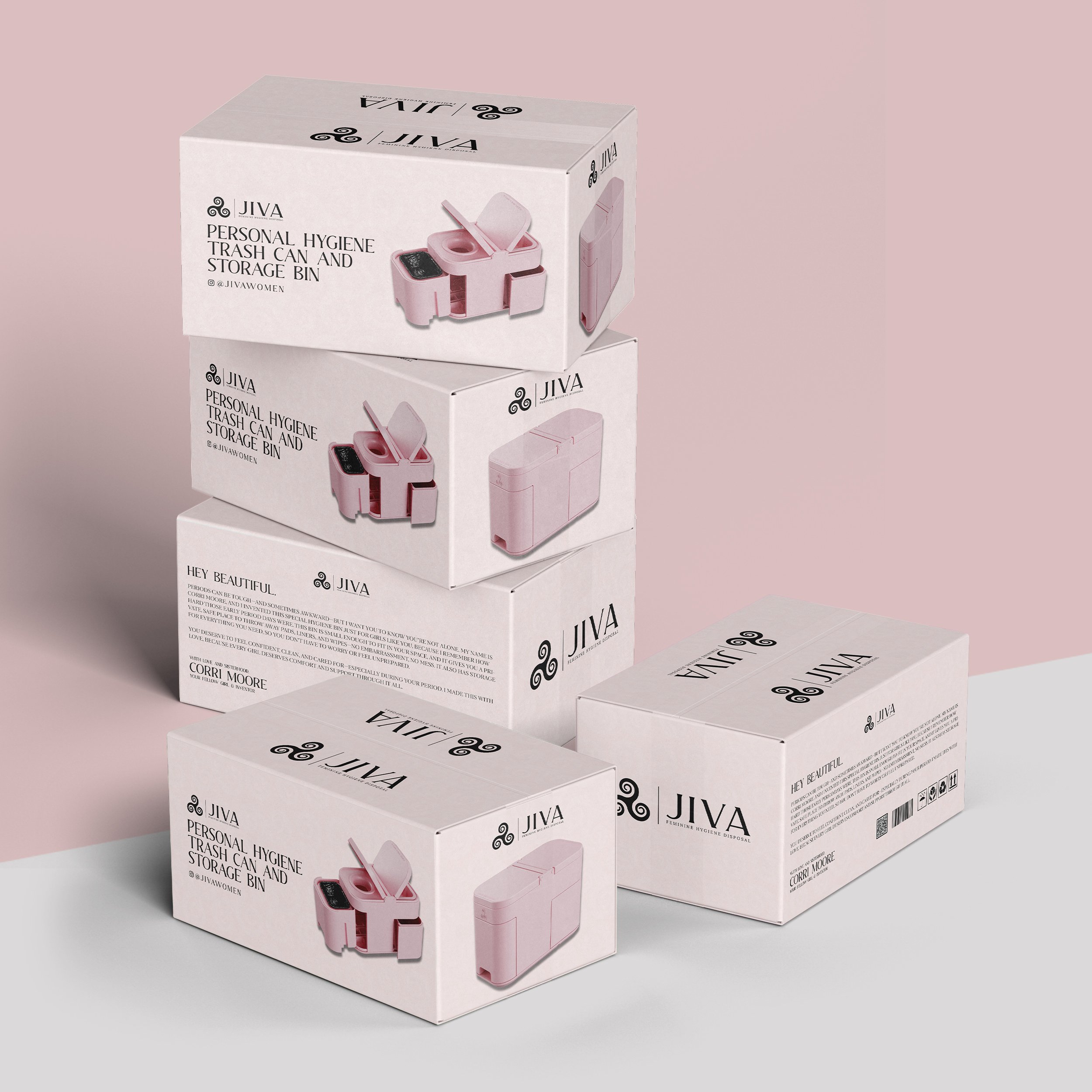 Several pink and white boxes labeled 'JIVA Personal Hygiene Trash Can and Storage Bin' are stacked on a pink and white background. The boxes feature images of pink trash cans and storage bins.