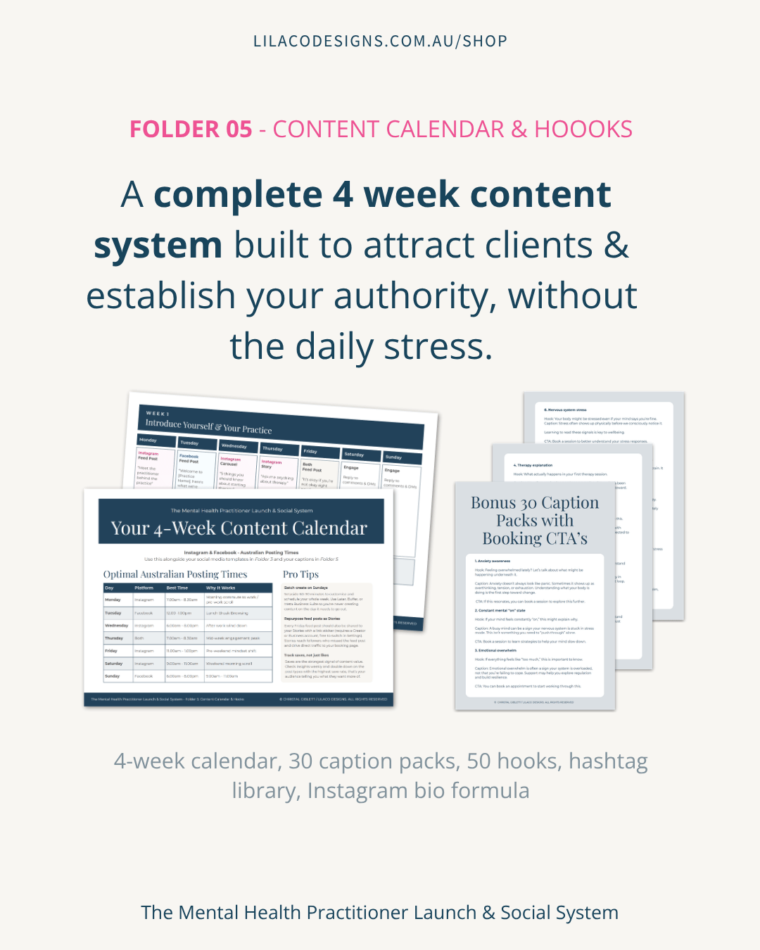 The Mental Health Launch & Social System, Folder 5 Content Calendar & Hooks