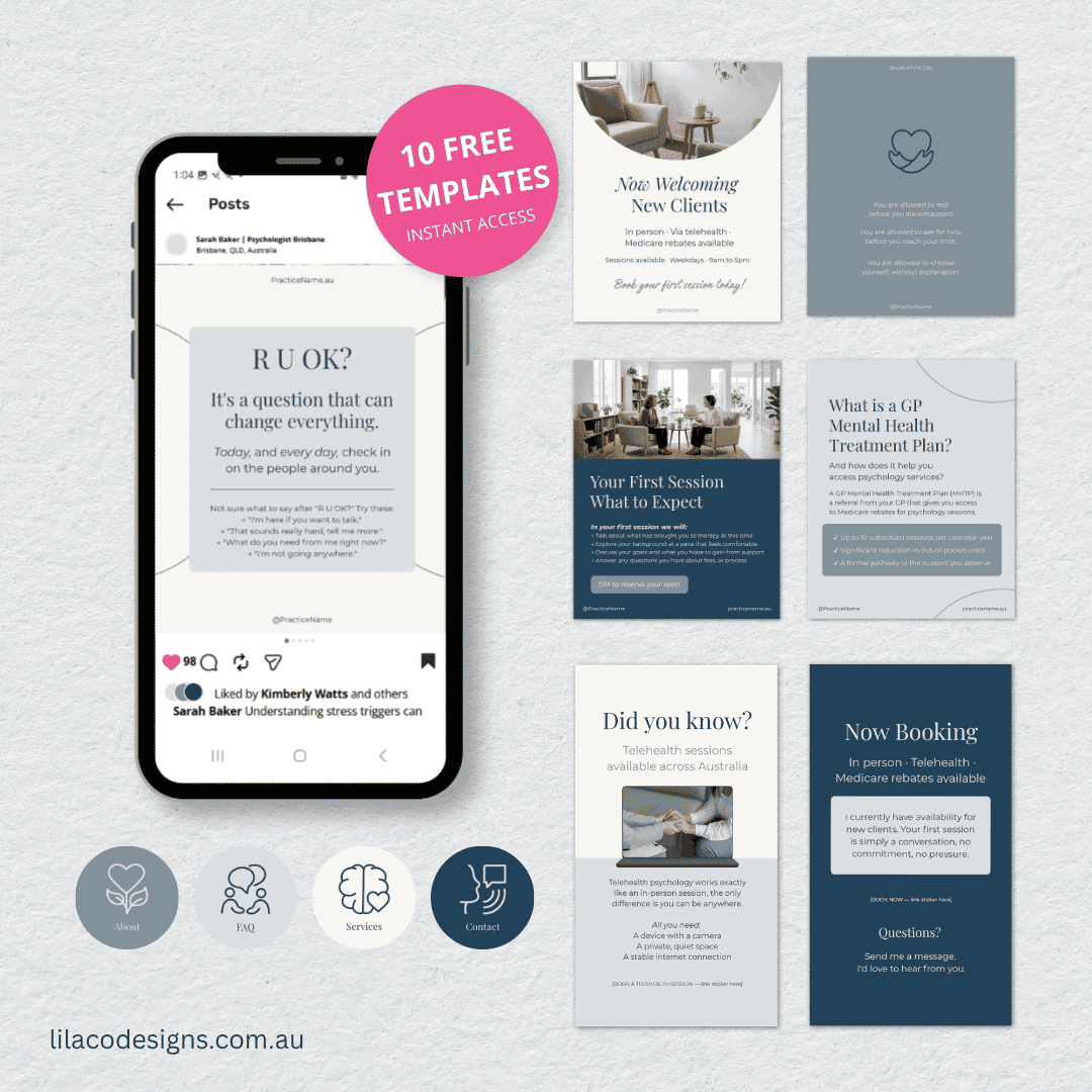 10 Free Social Media Templates for Therapists, Psychologists and Counsellors, Australia Lilaco Designs