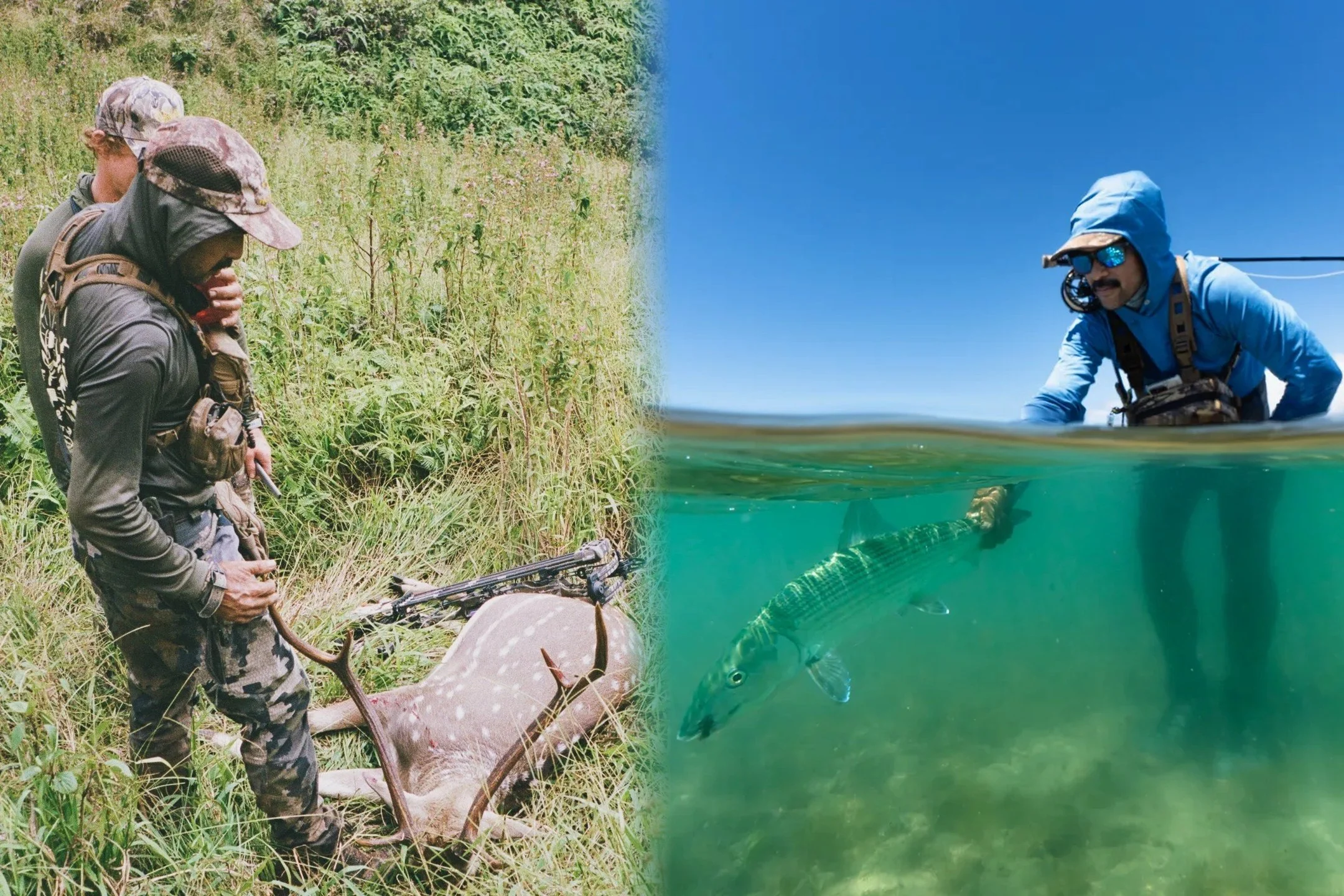 Cast & Blast on Molokai: hunters with an axis buck beside an angler releasing a bonefish on the flats