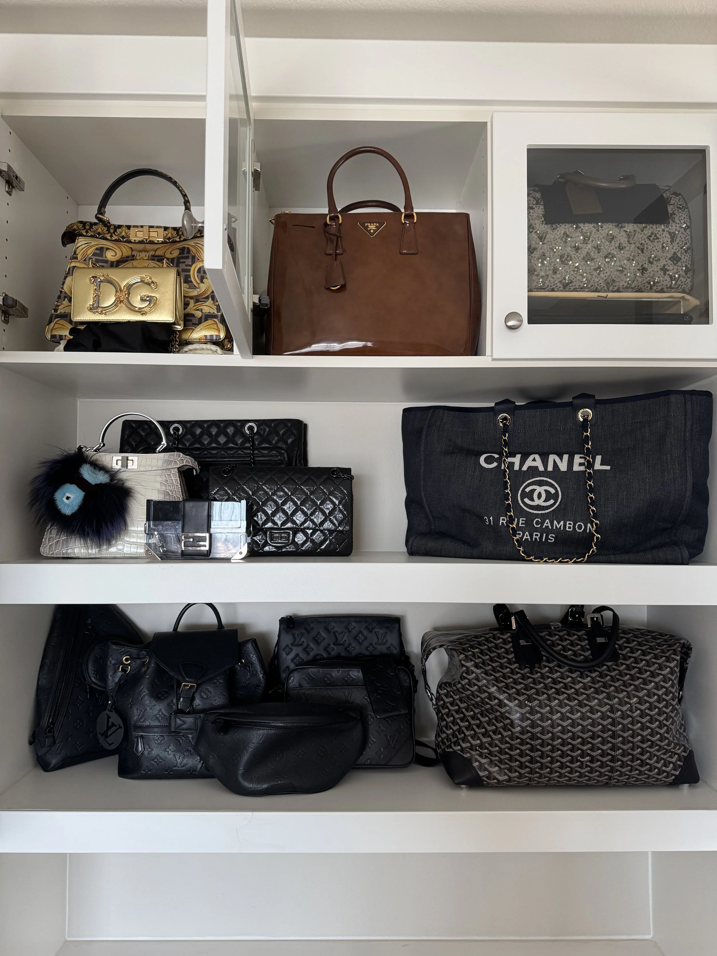 Wall of purses on display