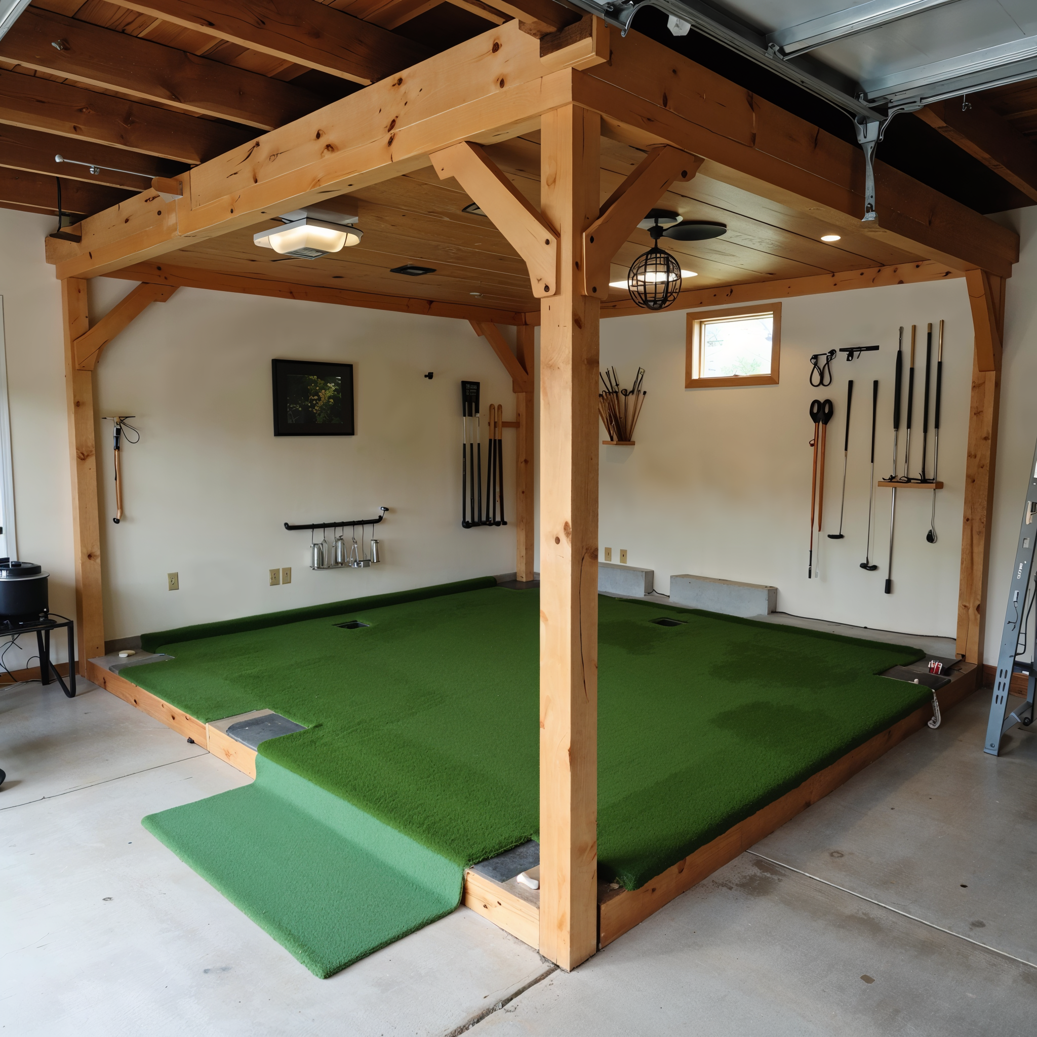 A residential garage converted to have an indoor putting green