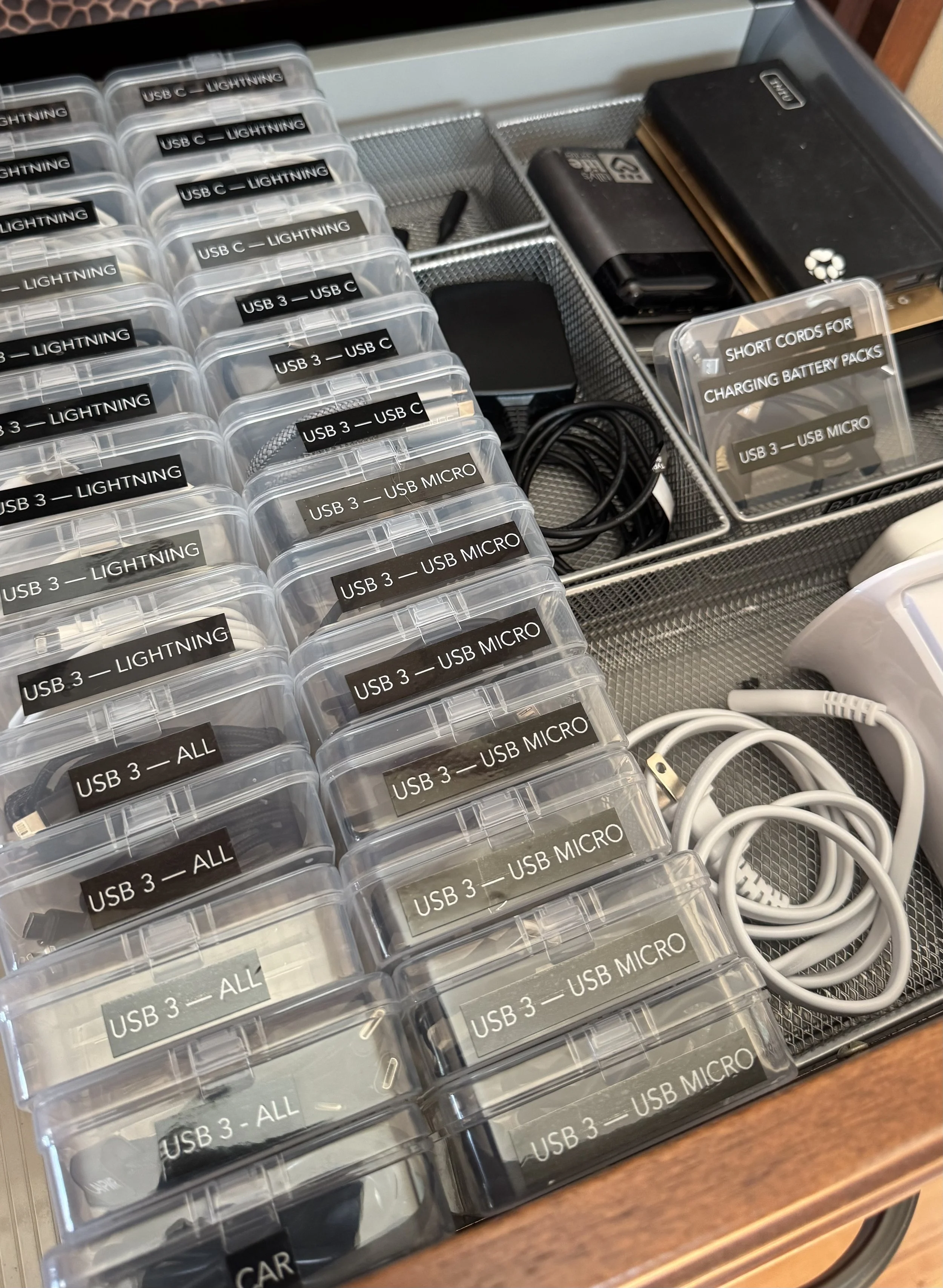 Organized cords and electronics chargers