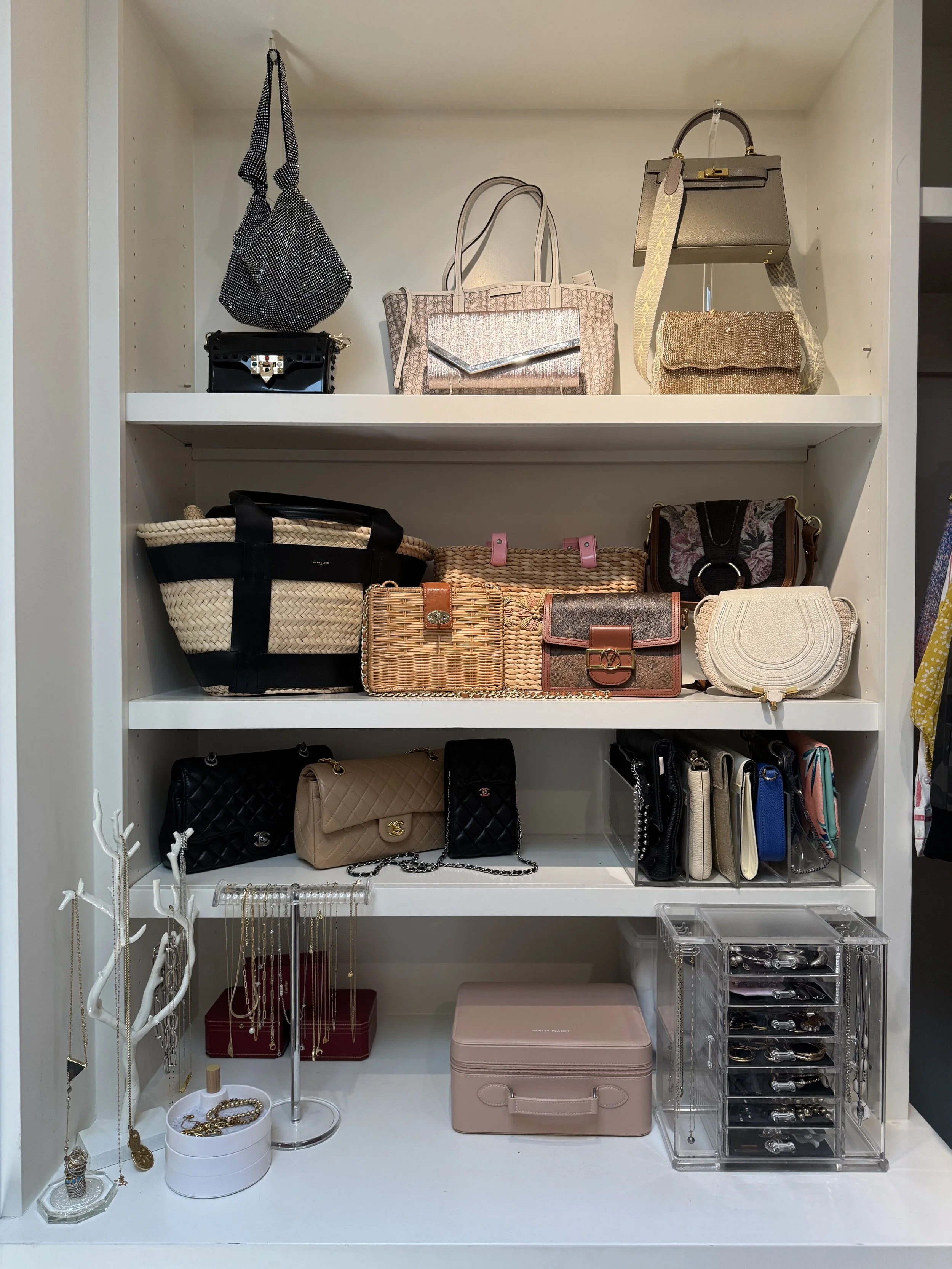 A wall of purses in a walk-in closet