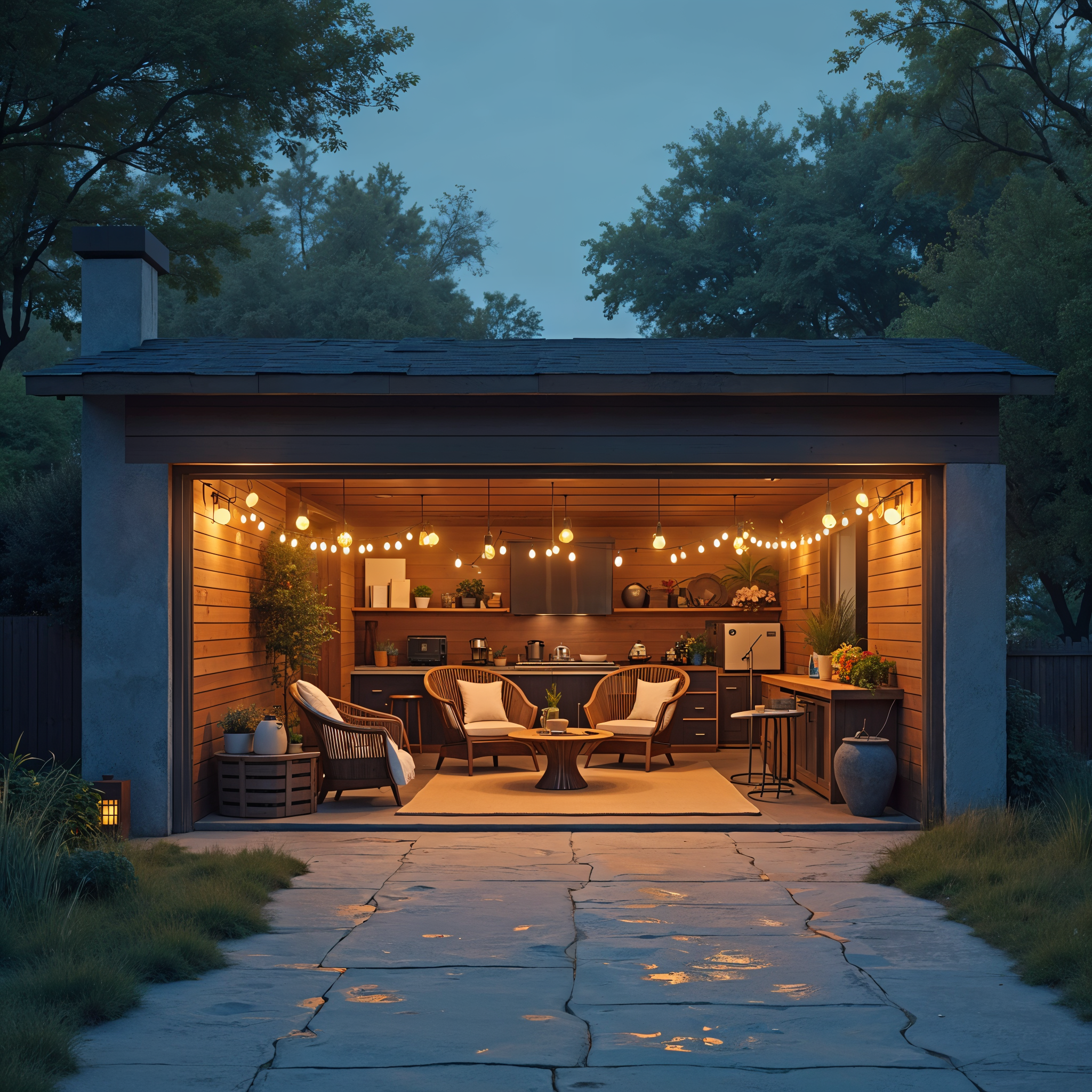 A residential garage converted to a patio lounge space