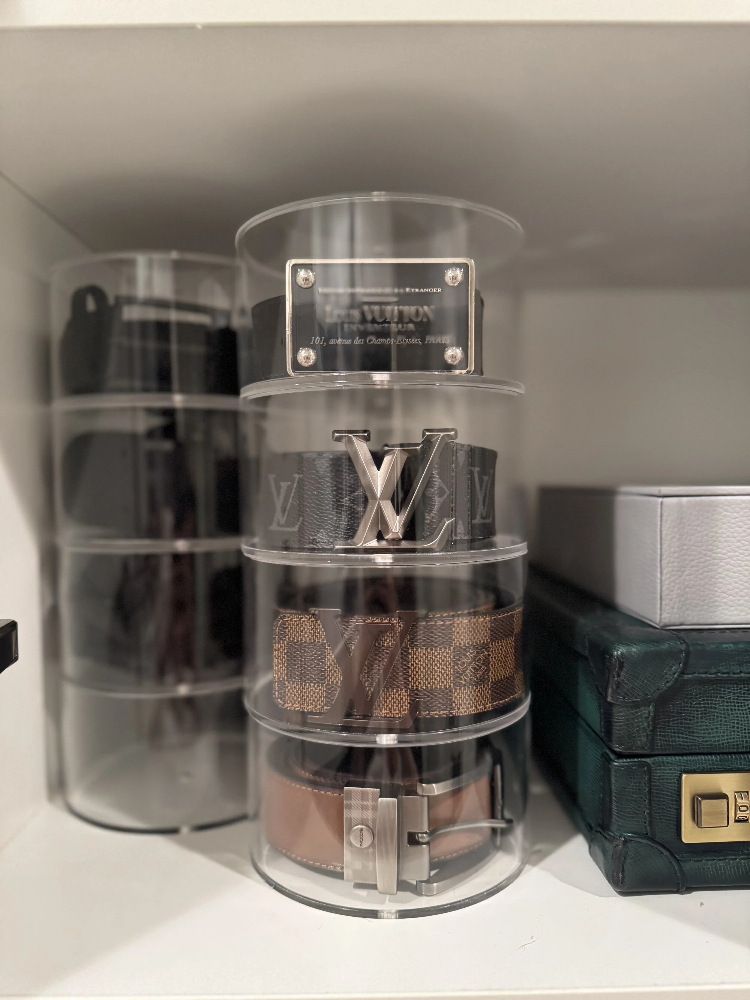Accessories and belts in a closet