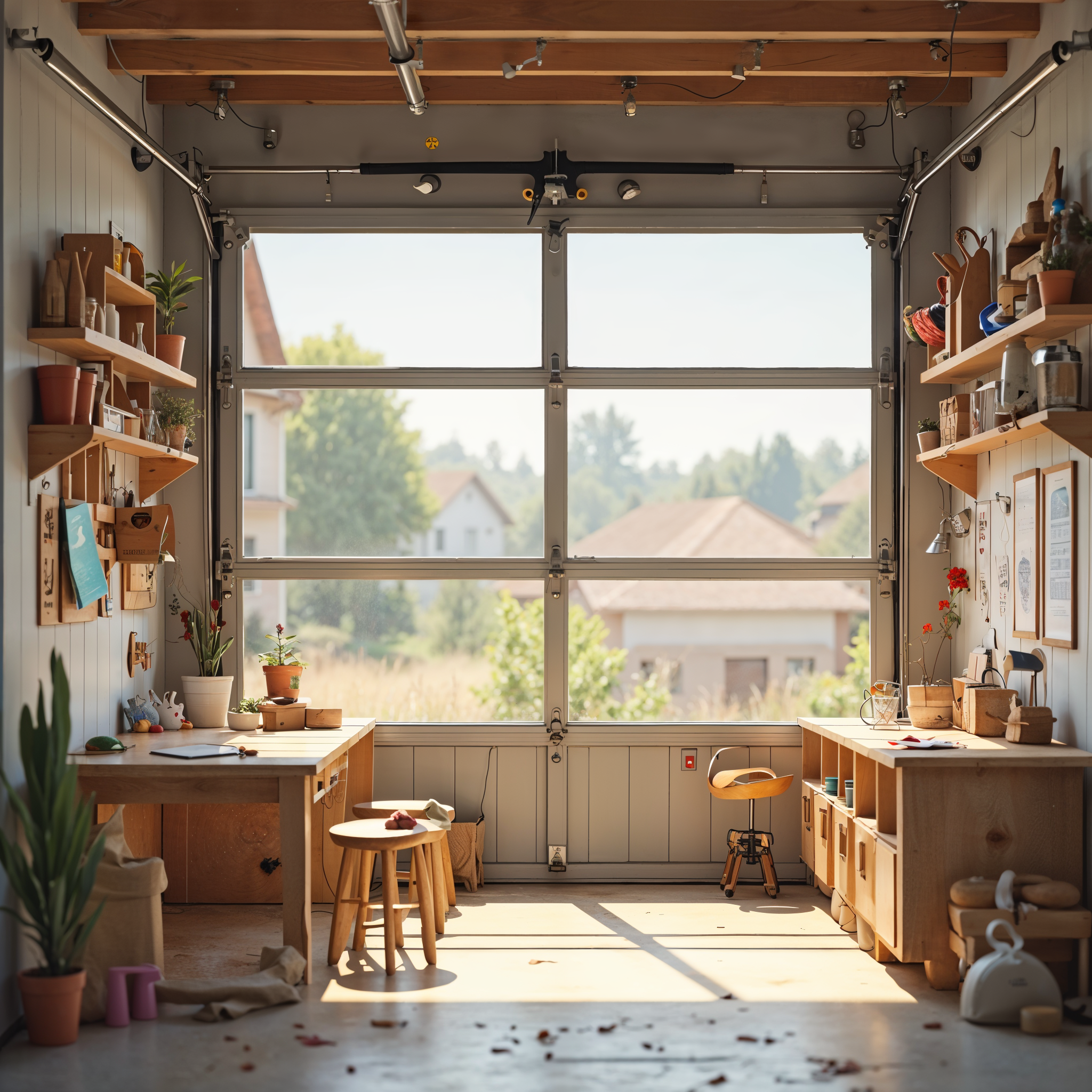 A residential garage converted to a craft area