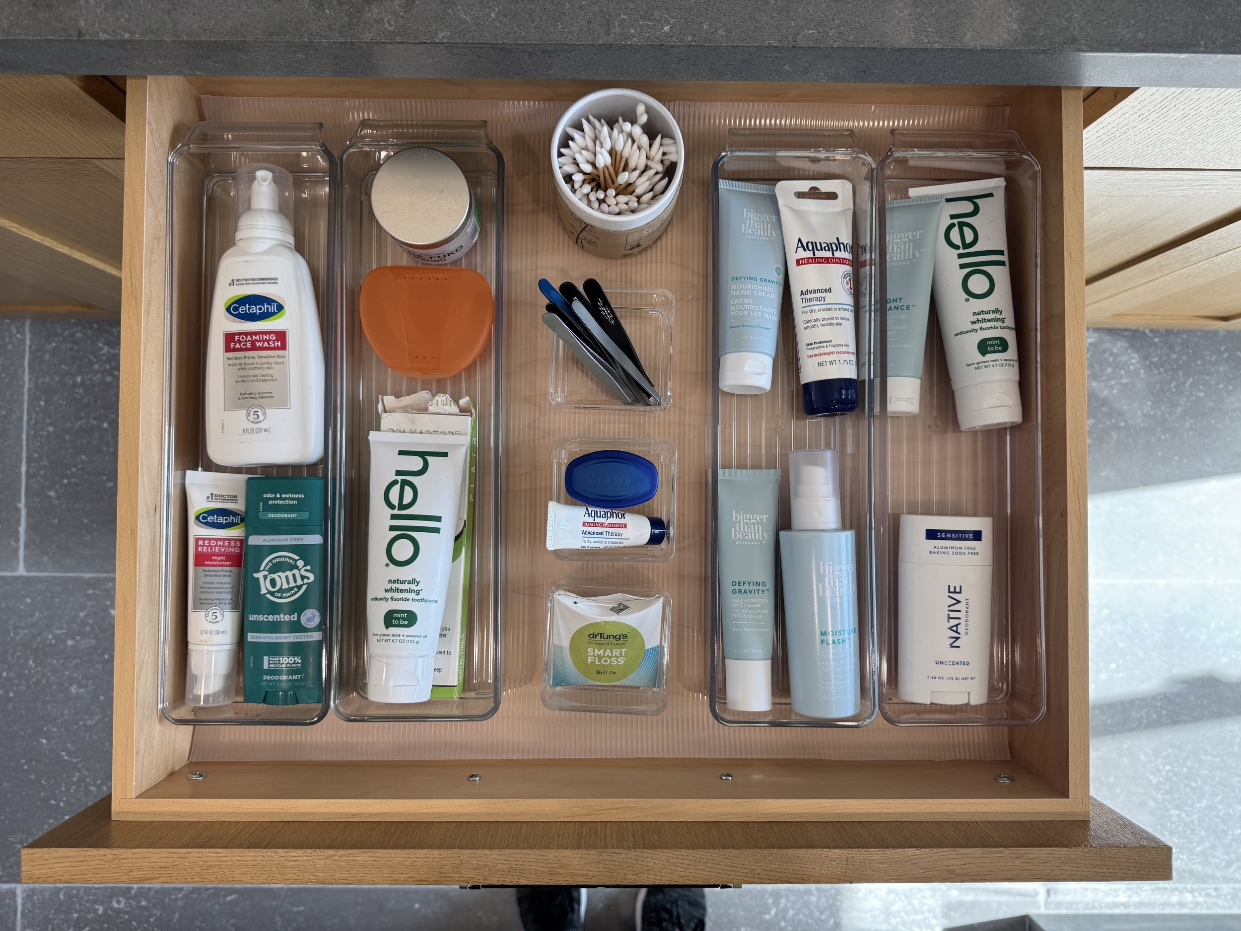 An organized bathroom drawer