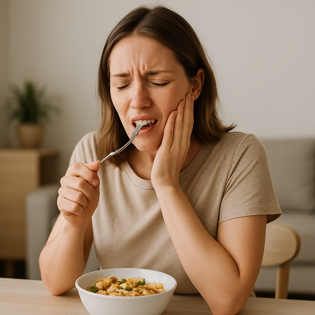 Woman experiencing toothache while eating cereal or soup at home.