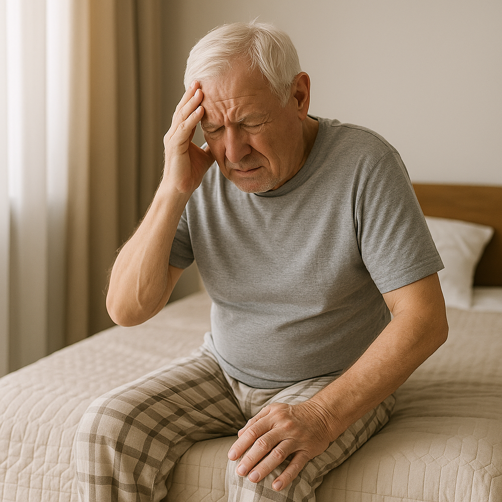 An elderly man sitting on a bed, holding his head with a pained expression, indicating a headache or discomfort.