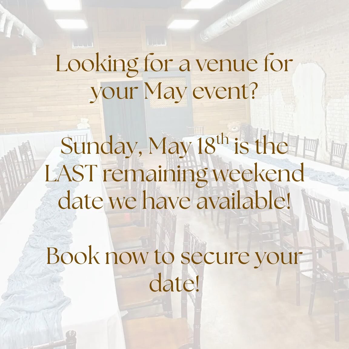 May 18th is the last remaining weekend date we have available in May! Book now to secure your date! 🥳