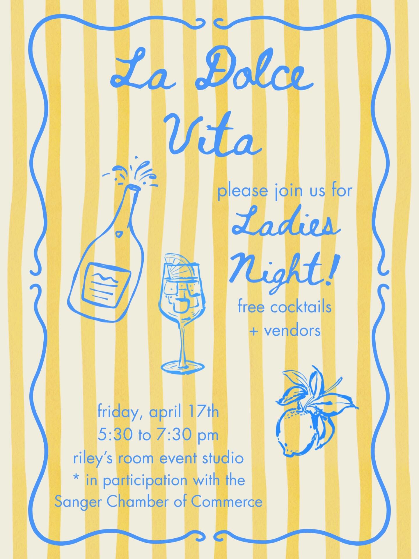 ONE MONTH until Ladies Night in Downtown Sanger! 🍋🩵 bring your girlies and join us and other participating downtown businesses for a night of fun!

🍹 @ruffdraft_co 
💎 @_heartofgoldjewelry_ 
🧁 cupacake
