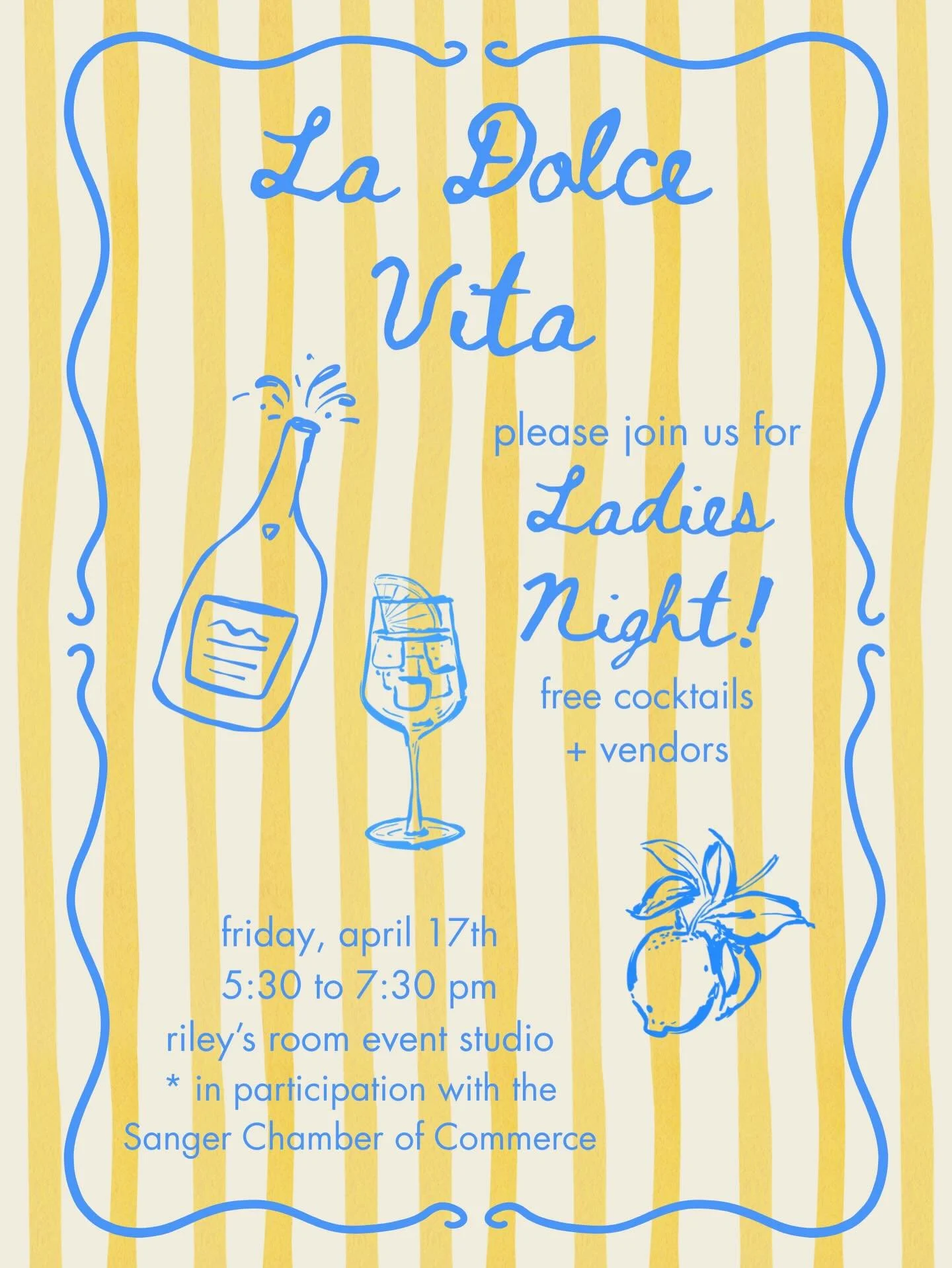 Ladies Night is NEXT FRIDAY! 🍋💙
Swipe to see the wonderful vendors we will have with us! Can&rsquo;t wait to see everyone ✨

April 17th - 5:30 to 7:30 PM

@ruffdraft_co 
@_heartofgoldjewelry_ 
@aaperitivo_ 
@cup_a_cake01