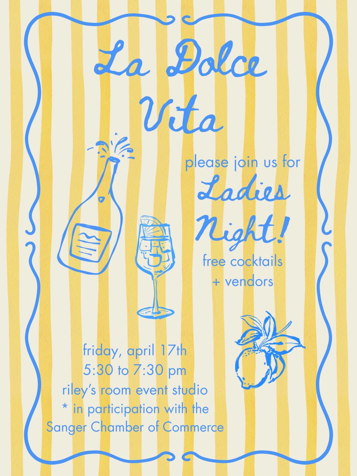 TONIGHT IS THE NIGHT! 🍋💙
Join us and participating businesses for Ladies Night! Free cocktails, photo ops, vendors and goodie bags!

Downtown Sanger, 5:30 to 7:30 PM

@ruffdraft_co 
@_heartofgoldjewelry_ 
@aaperitivo_ 
@cup_a_cake01

*in participat