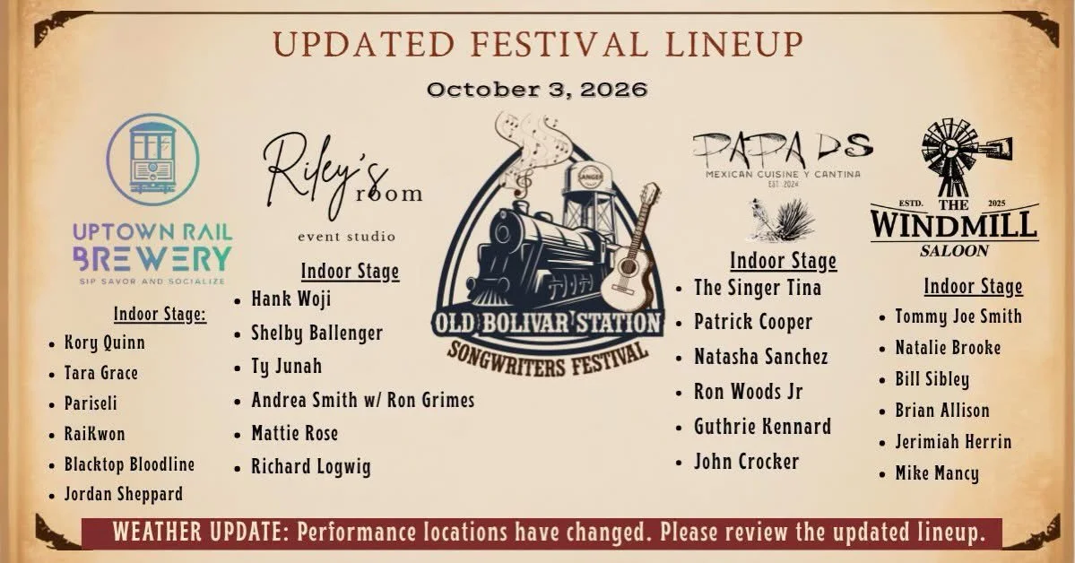 Old Bolivar Station Songwriters Festival TODAY in Downtown Sanger! Indoor stage now at Riley&rsquo;s Room - 4:00 to 11:00 PM 🎶🎸✨🪩