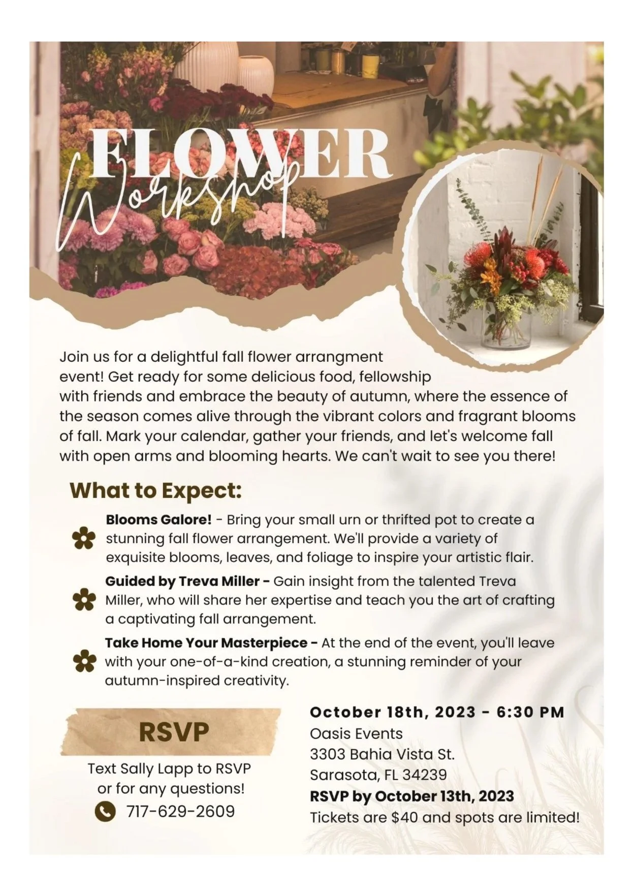 Flyer for a fall flower arrangement event at Oasis Events, Sarasota, FL, on October 18th, 2023, at 6:30 pm. Features floral images and detailed event description.