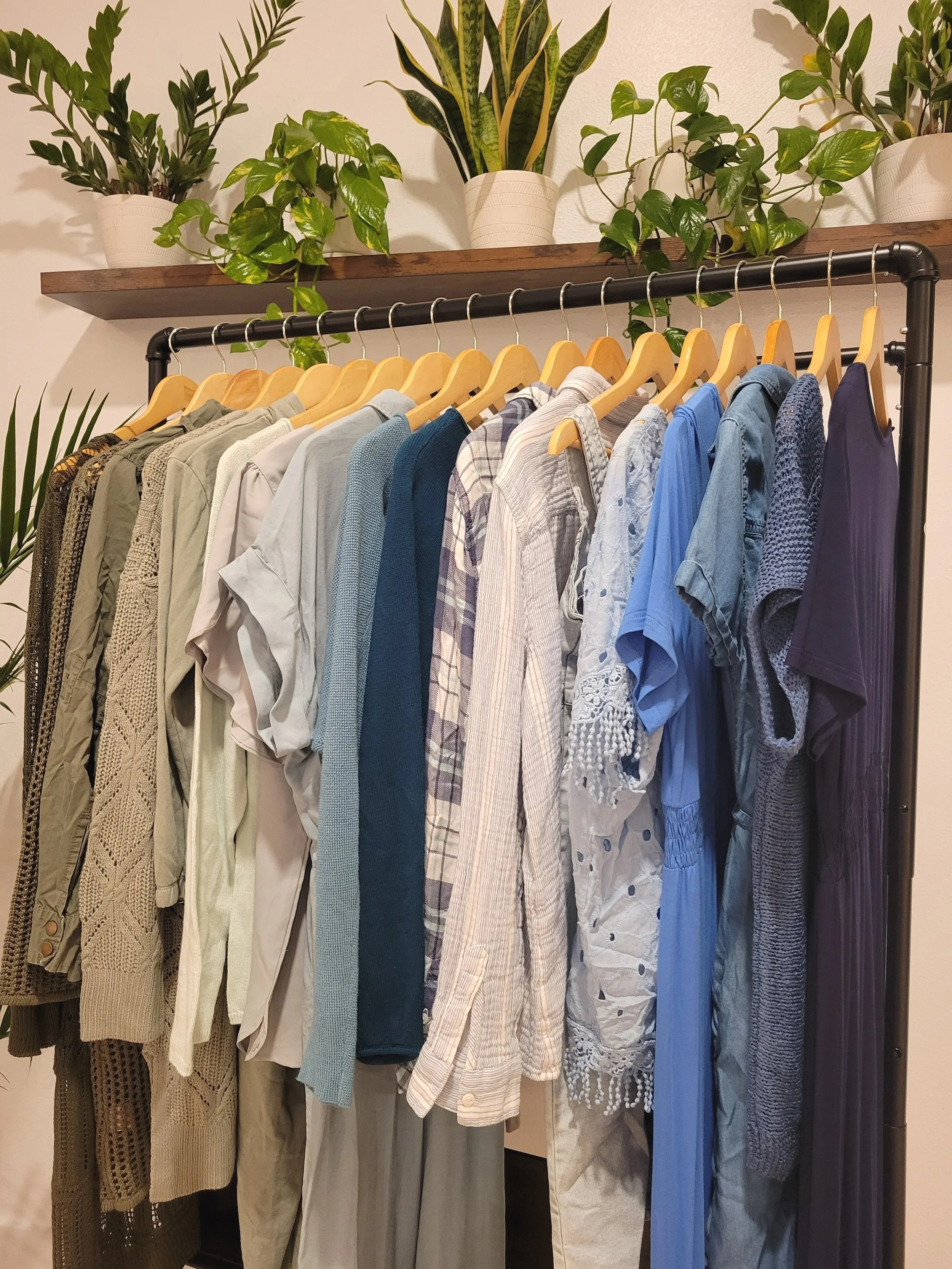 A clothing rack with various shirts and tops in different blue, white, and neutral tones, with a shelf holding potted green plants above it.