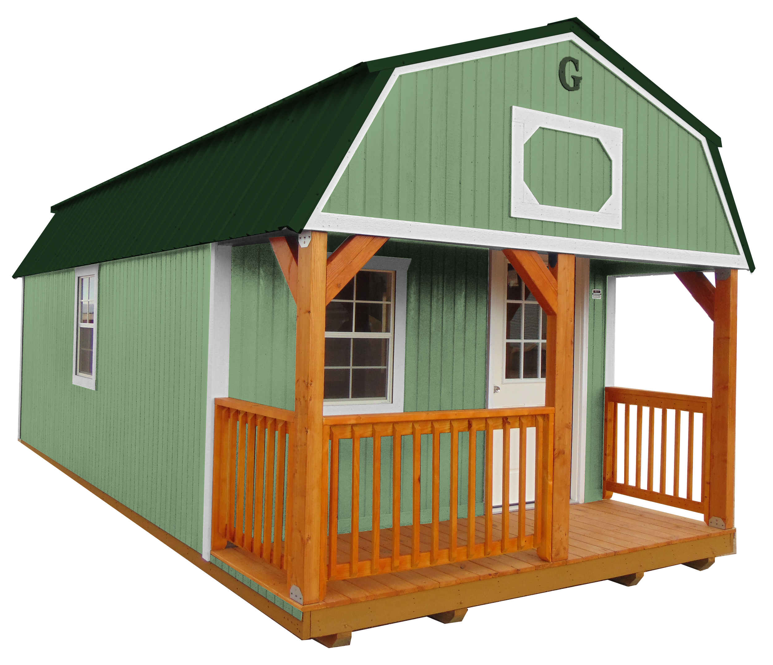 Small green playhouse with wooden porch, white door, and window, set on a wooden base.