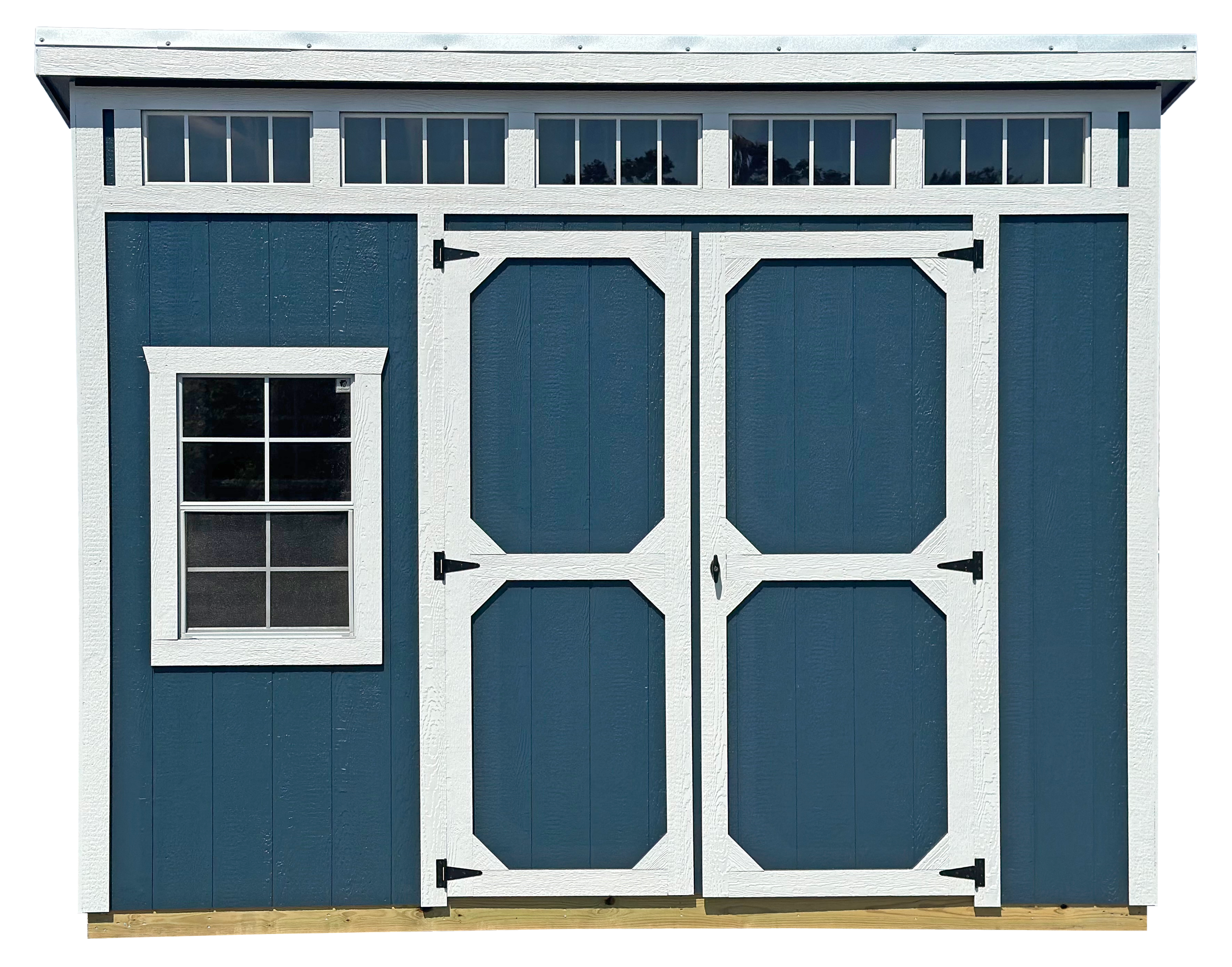 Blue and white garden shed with ladder-style siding, single window, double doors with decorative trim, and windowed vents on the upper part.