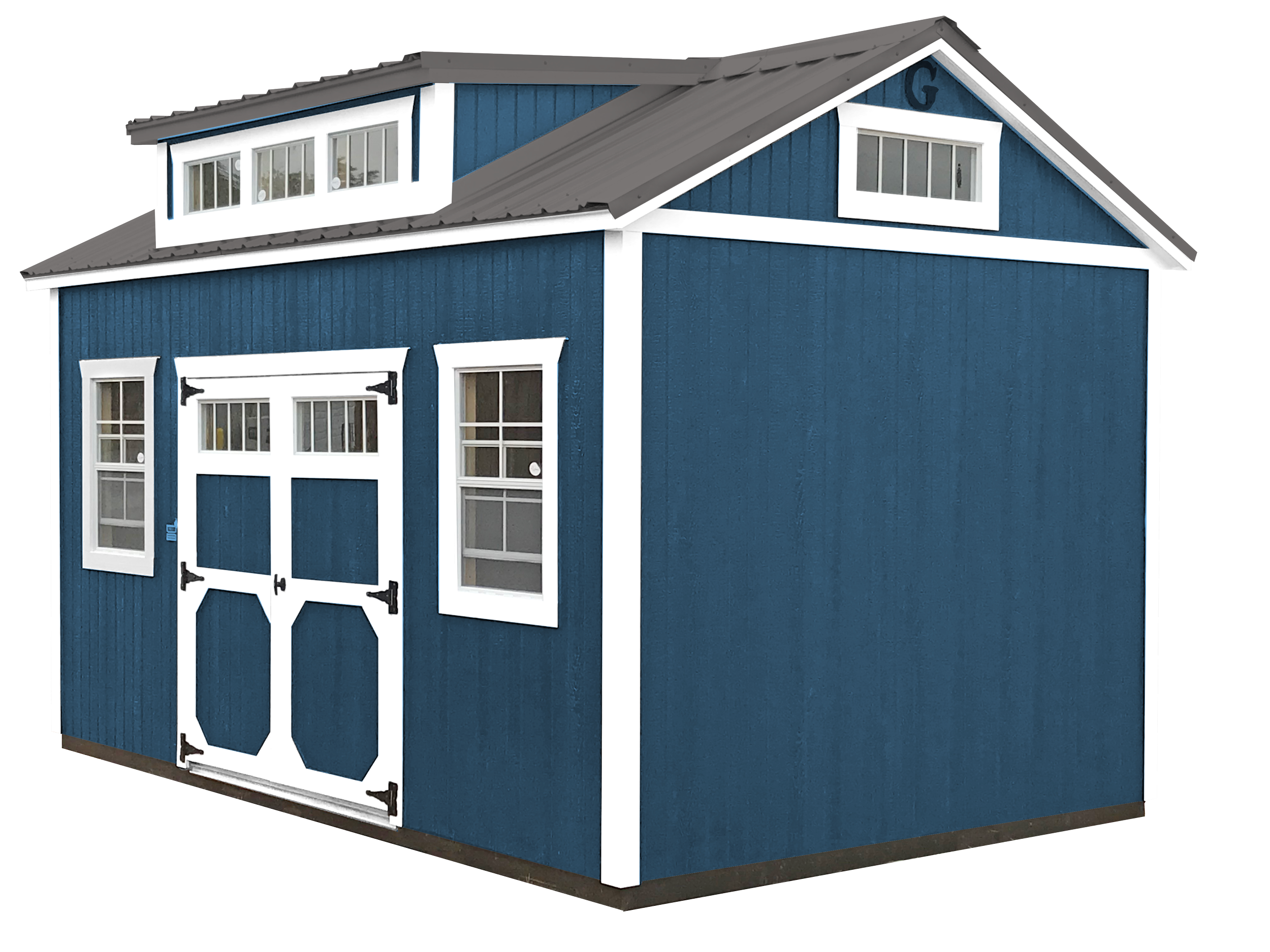 Blue wooden shed with white trim and a garage door, two front windows, and a loft window with a gable roof.