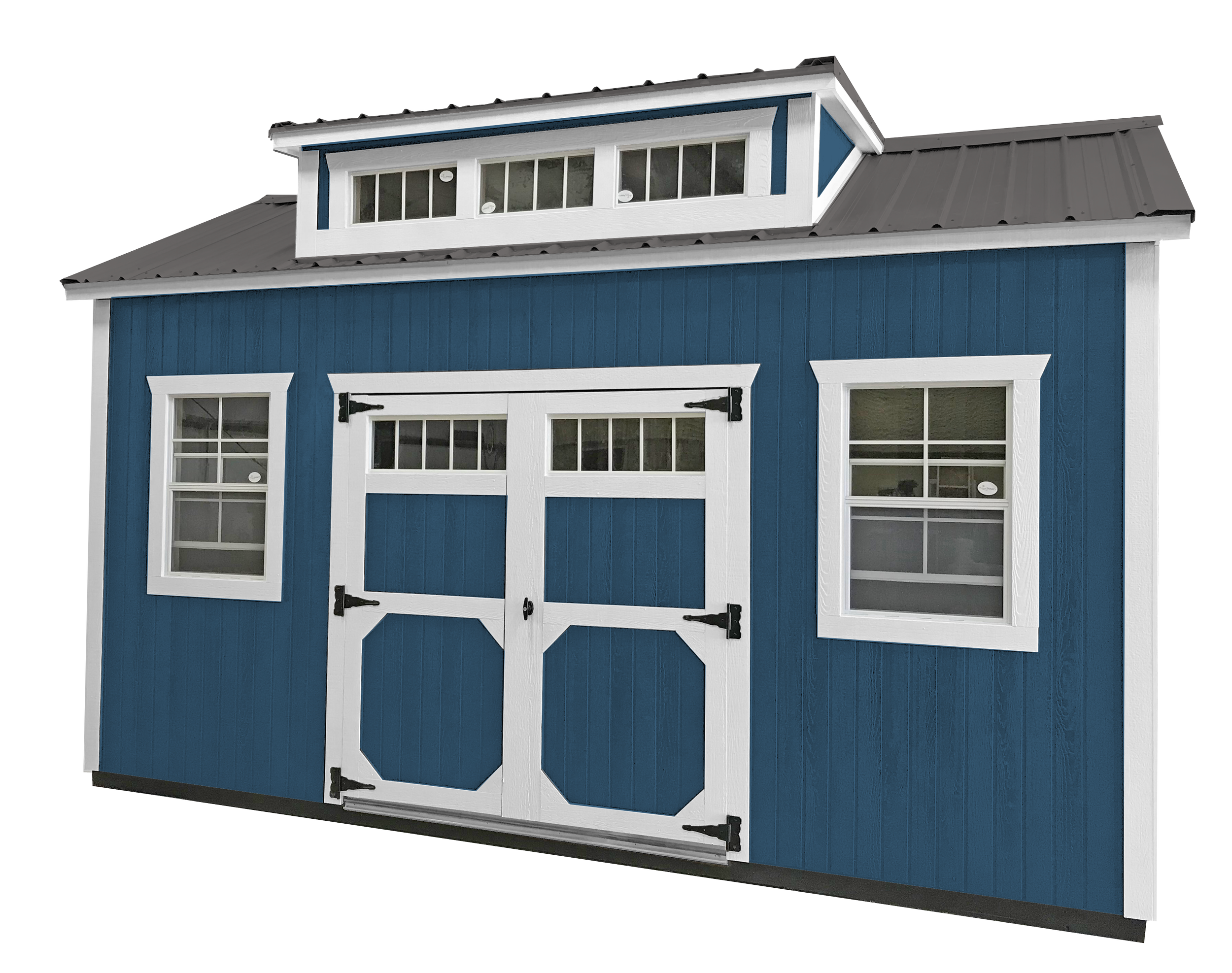 A blue wooden barn-style shed with white trim, black hinges, and double doors, featuring four windows: two on each side of the doors, and a row of smaller windows above the doors, with a sloped metal roof and a small loft area.