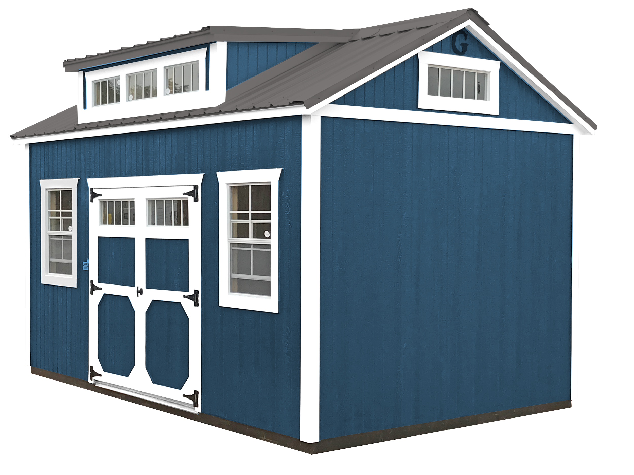 A blue wooden shed with white trim, double doors, and multiple windows, with a gable roof and an attached smaller dormer window.