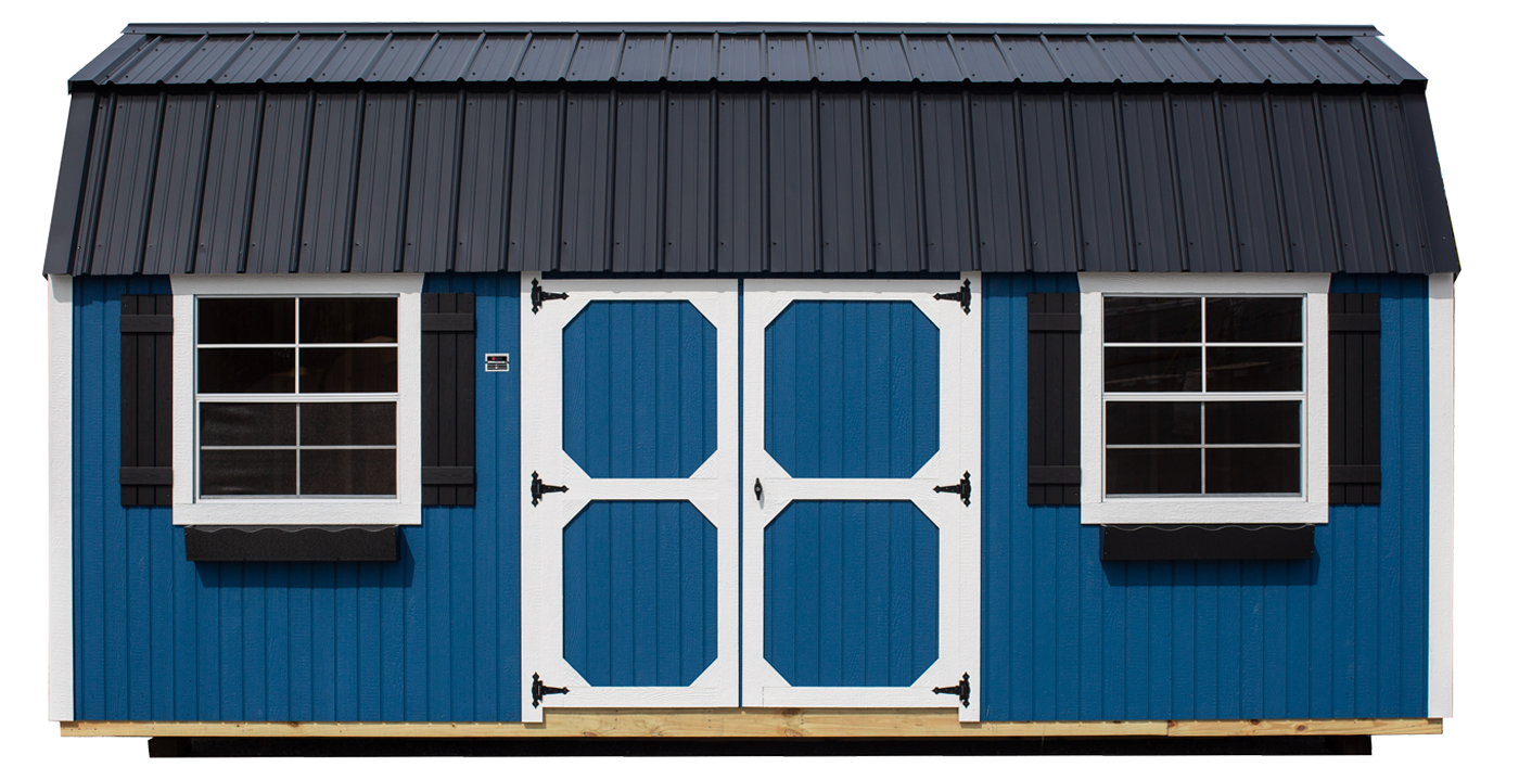 Blue shed with two windows and double doors, a dark metal roof, and black shutters.