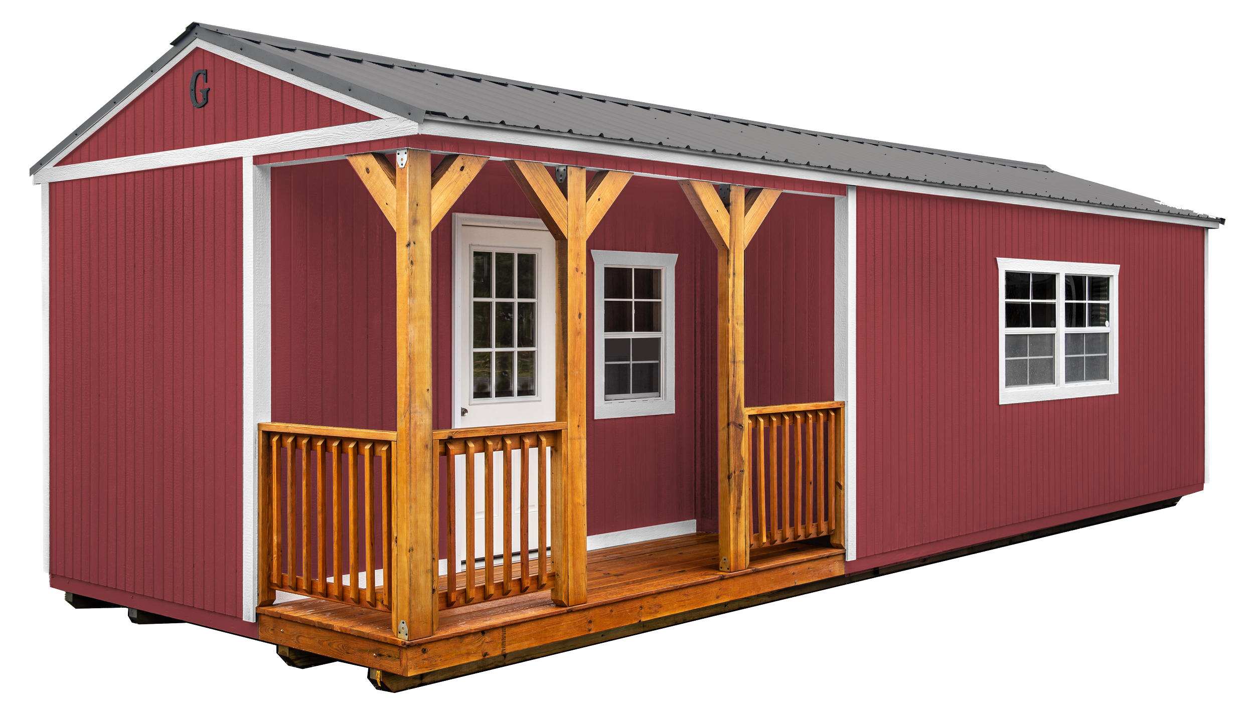 Red wooden tiny house with white trim, a small porch with a wooden railing, and a gray metal roof.