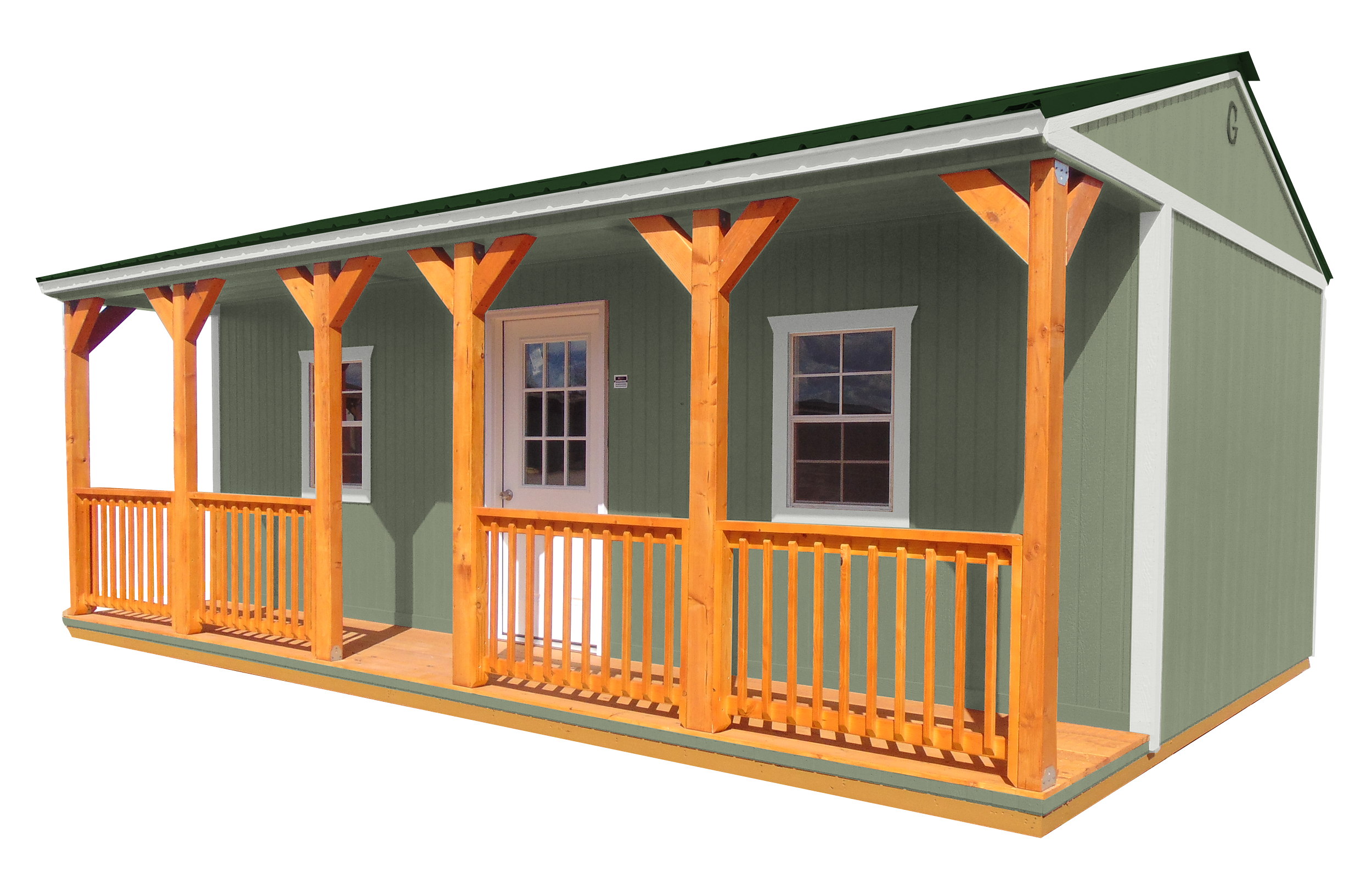 A small green house with a wooden porch and railing, white trim, and a green metal roof.