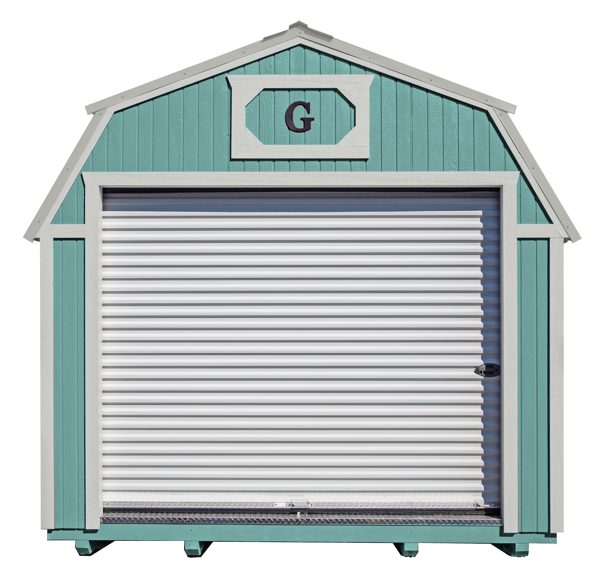 A teal-colored storage shed with a white roll-up door and a dark letter 'G' sign on the top front.