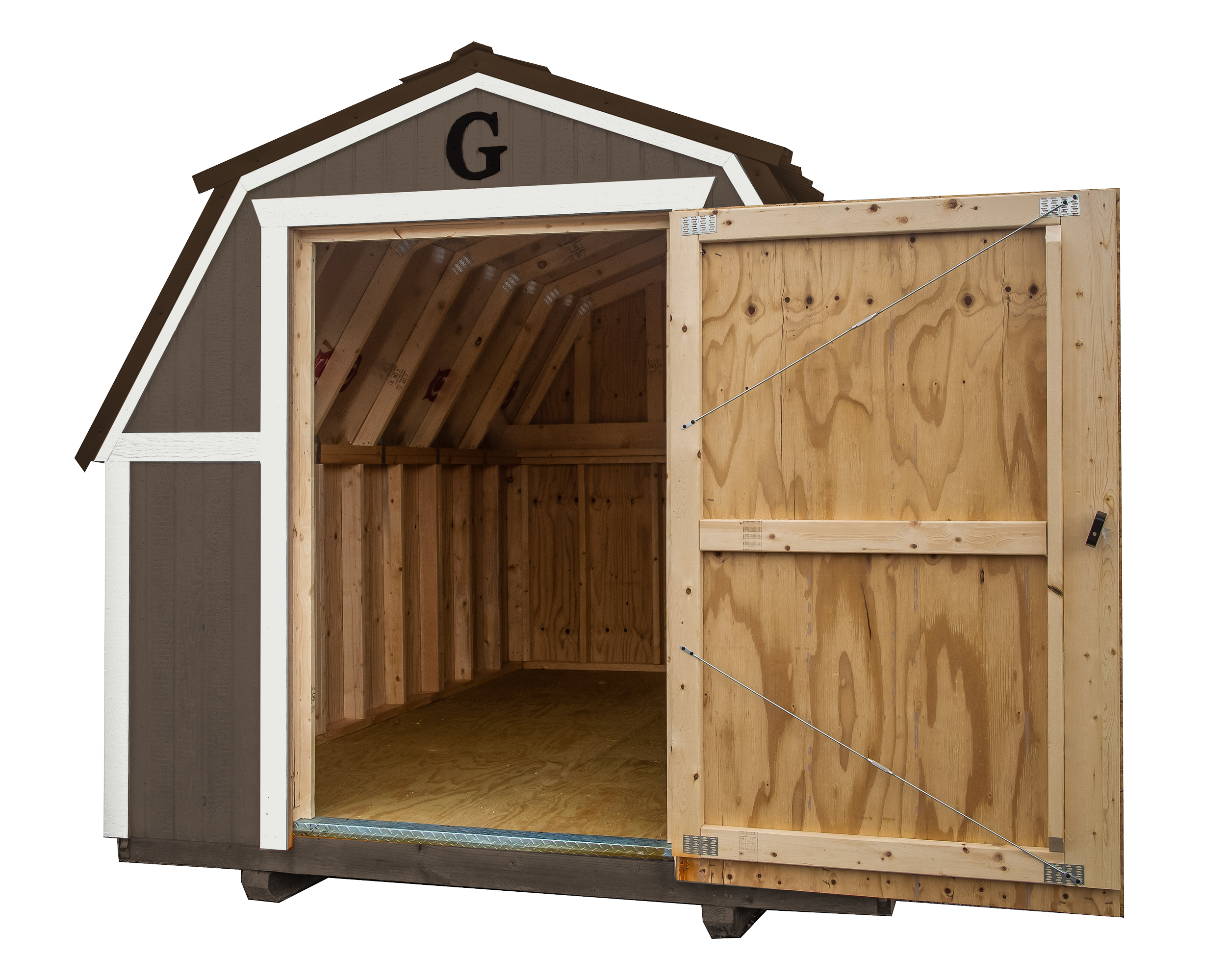 A small wooden shed with a partially open door showing the unfinished interior. The shed has a brown exterior with white trim and a peaked roof.
