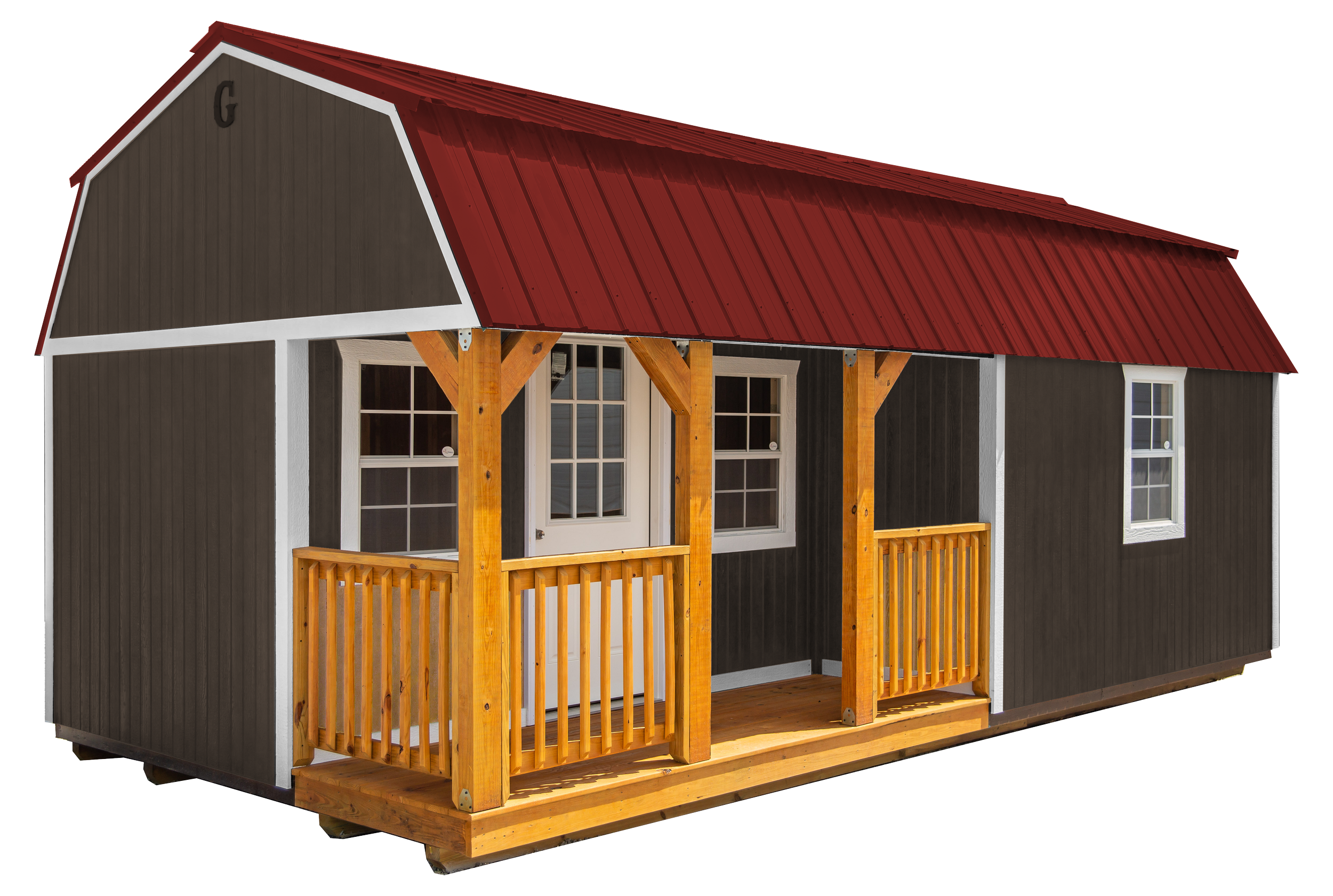 A small shed with dark gray vertical siding, white trim, and a red metal roof. It has a front porch with a wooden railing and support posts, a white door with glass panels, and two single-pane windows.