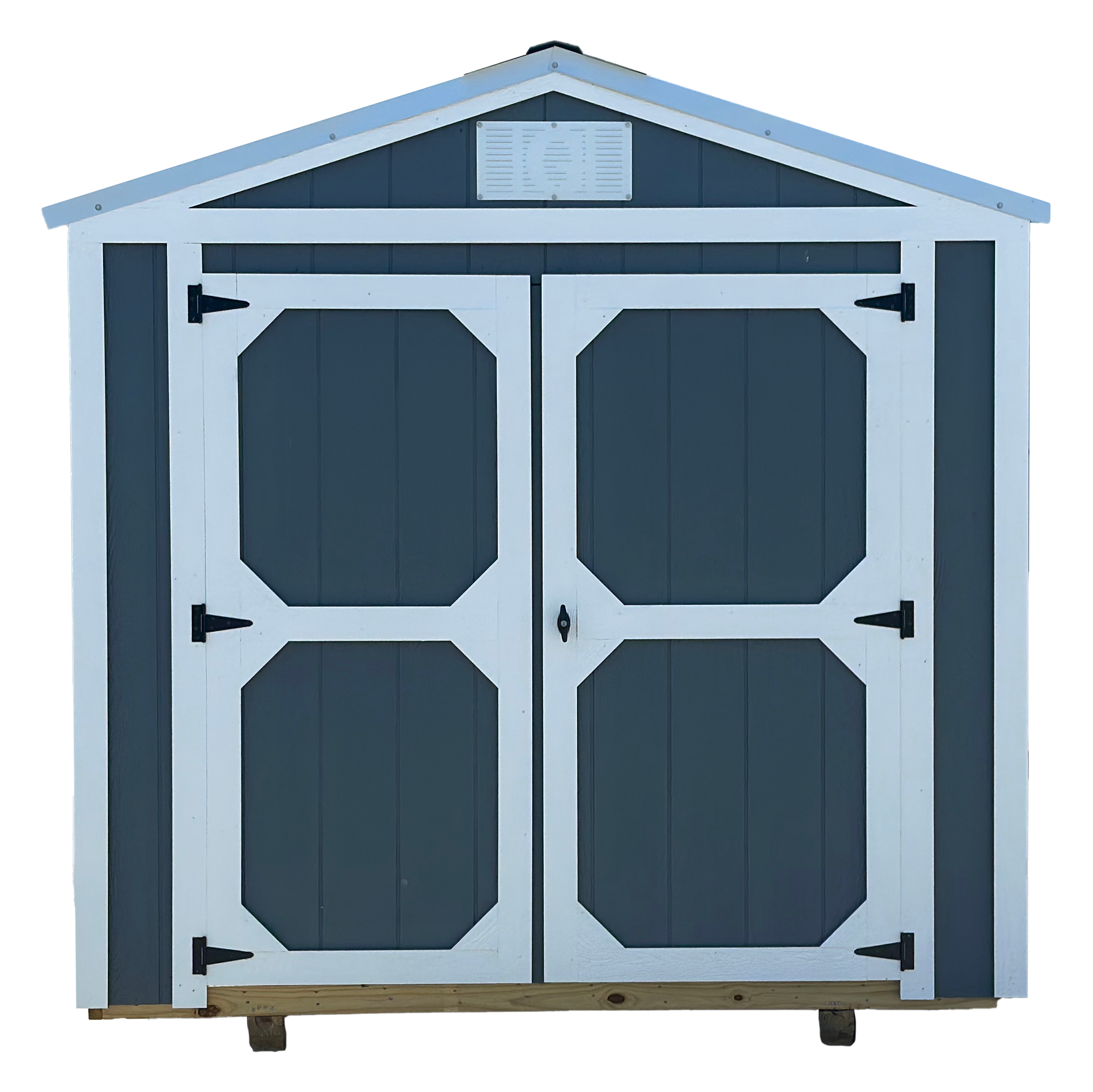 A blue and white garden shed with double doors and a pitched roof.