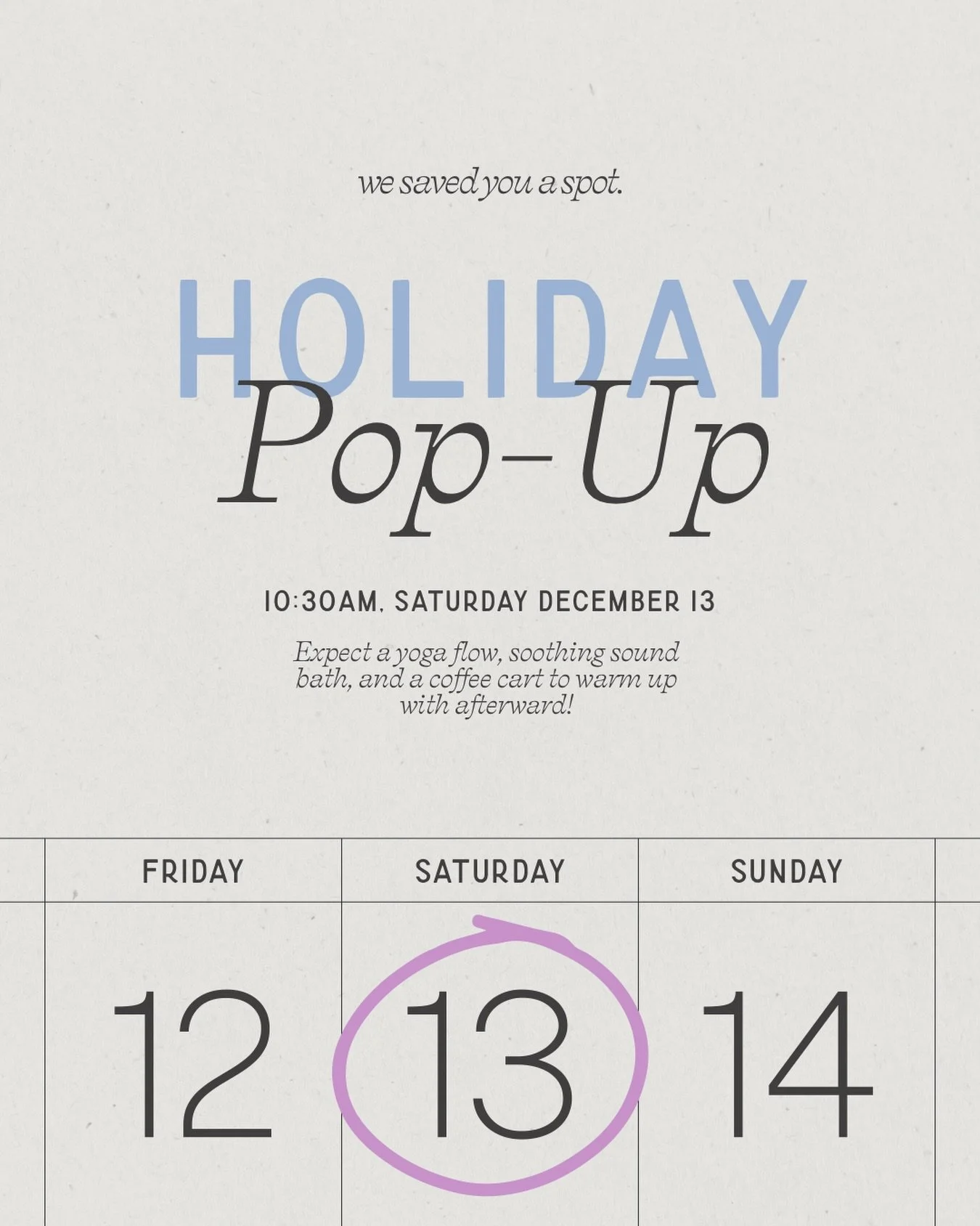 &lsquo;Tis the season to flow, connect, and caffeinate. 

Join us Saturday, Dec 13 at 10:30am for a cozy morning of movement and community &mdash; a yoga flow with Umma Fitness, a grounding soundbath with Holistic Bodywork, and a coffee cart after to