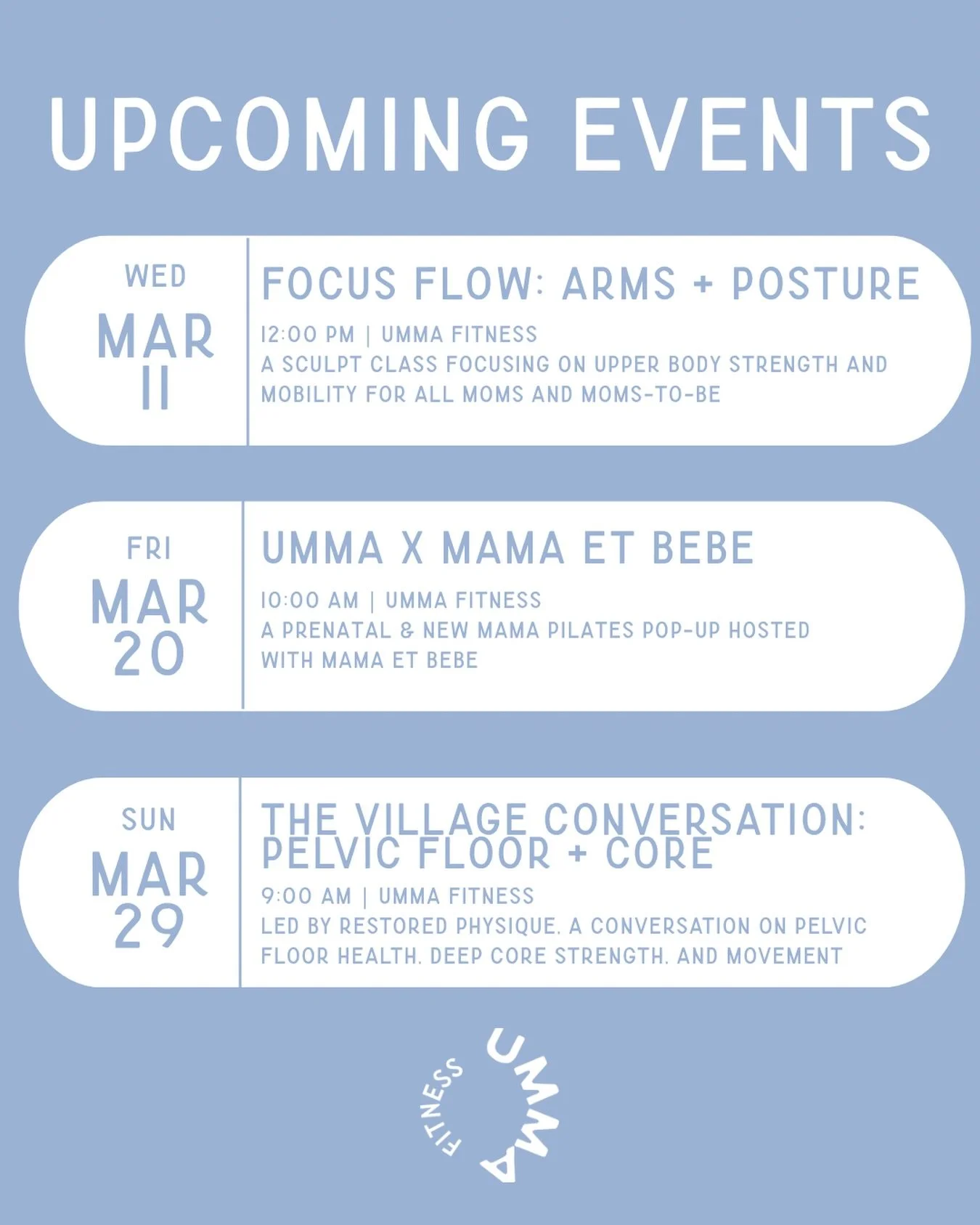 March at Umma 🌷

A few special ways to move, learn, and connect with our community this month:

✨ Focus Flow: Arms + Posture - book directly on our schedule
✨ Umma x Mama et B&eacute;b&eacute; - limited space available! Follow @mama.et.bebe to reser