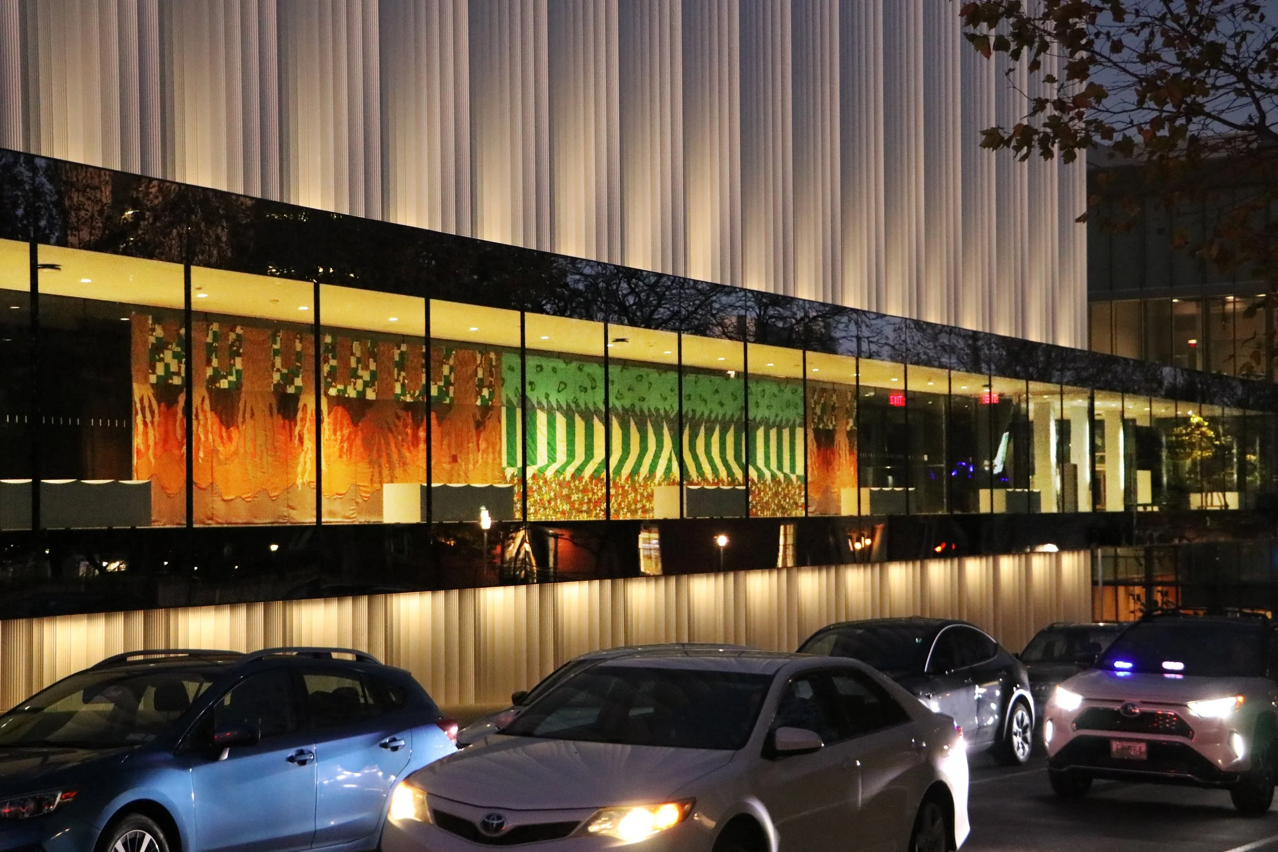 Street view of Reverberations (2022) by Brooke Erin Goldstein installed in the dead teach me how to die by letting me wildly live. photo credit: Peter Chenot