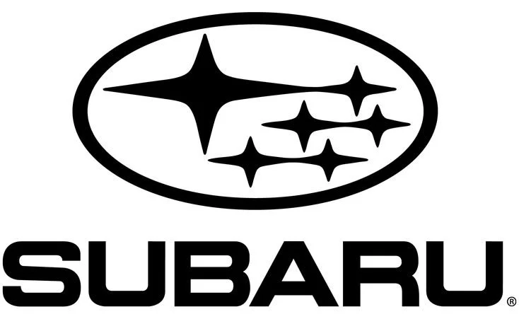 Subaru logo with stylized stars in an oval shape and bold text below.
