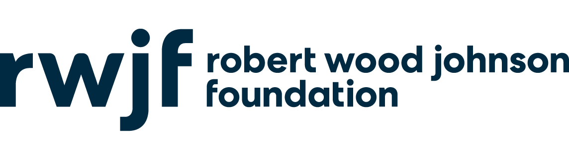 Logo of RWJF, Robert Wood Johnson Foundation, with text in dark blue font on a white background.