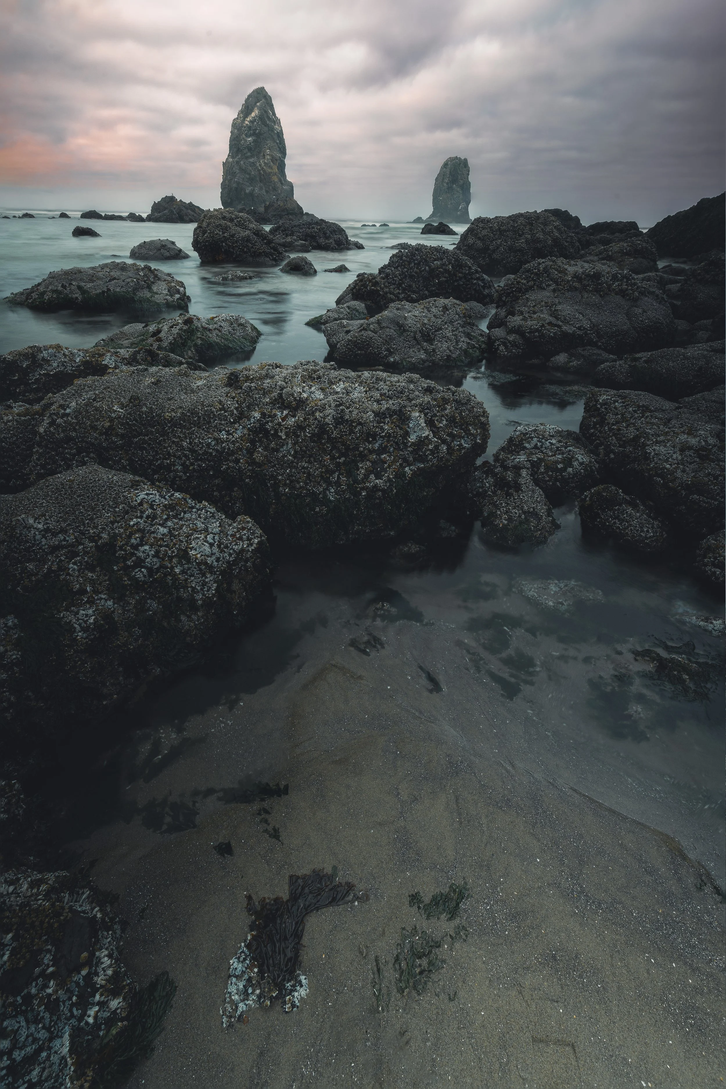 Dark, moody tide pools and rocky shore leading to Haystack Rock under a cloudy sky in Oregon.
The rugged, dark rock formations and calm tide pools of Cannon Beach create a stunning foreground leading the eye out to the iconic Haystack Rock under a mo