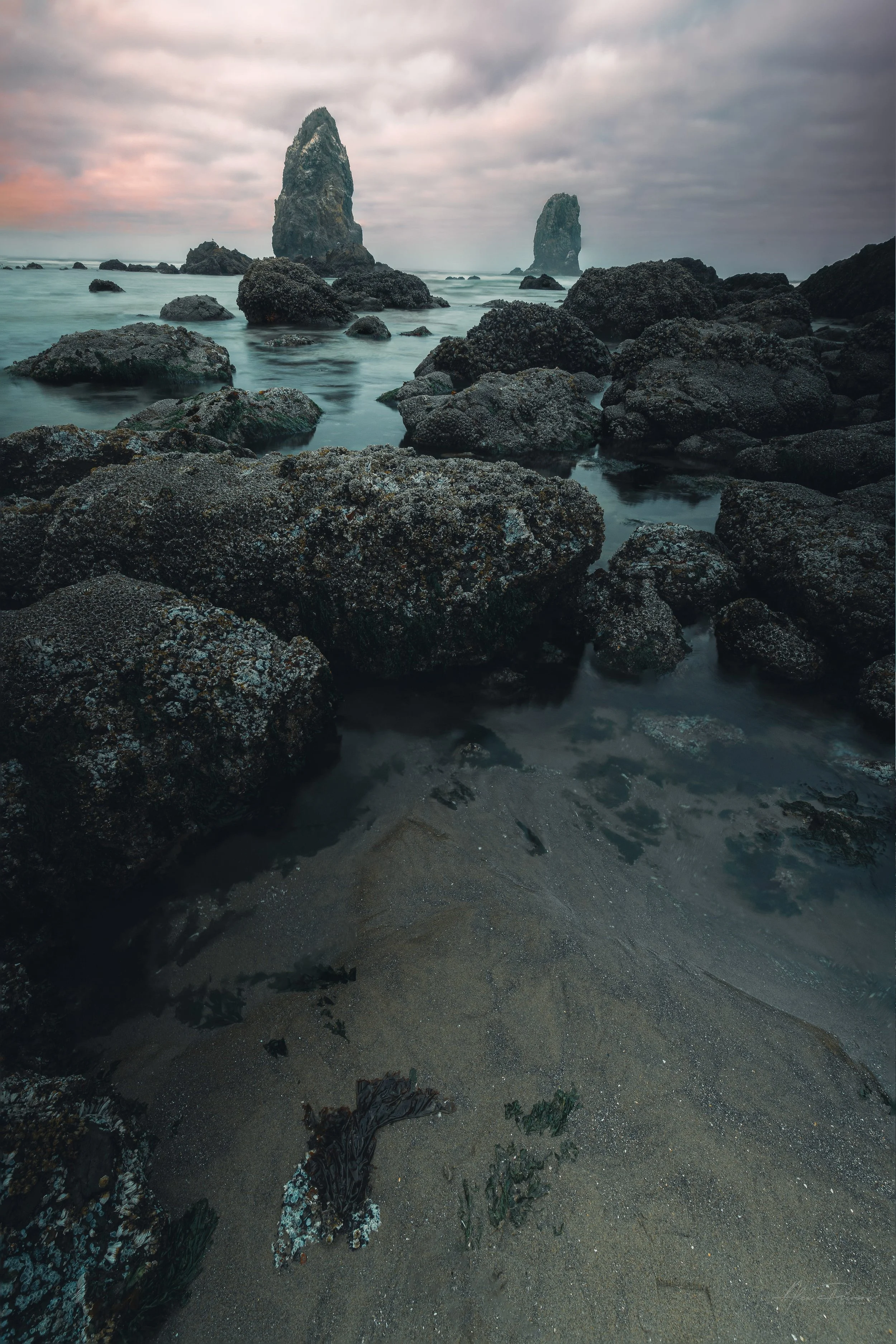 Dark, moody tide pools and rocky shore leading to Haystack Rock under a cloudy sky in Oregon.
The rugged, dark rock formations and calm tide pools of Cannon Beach create a stunning foreground leading the eye out to the iconic Haystack Rock under a mo