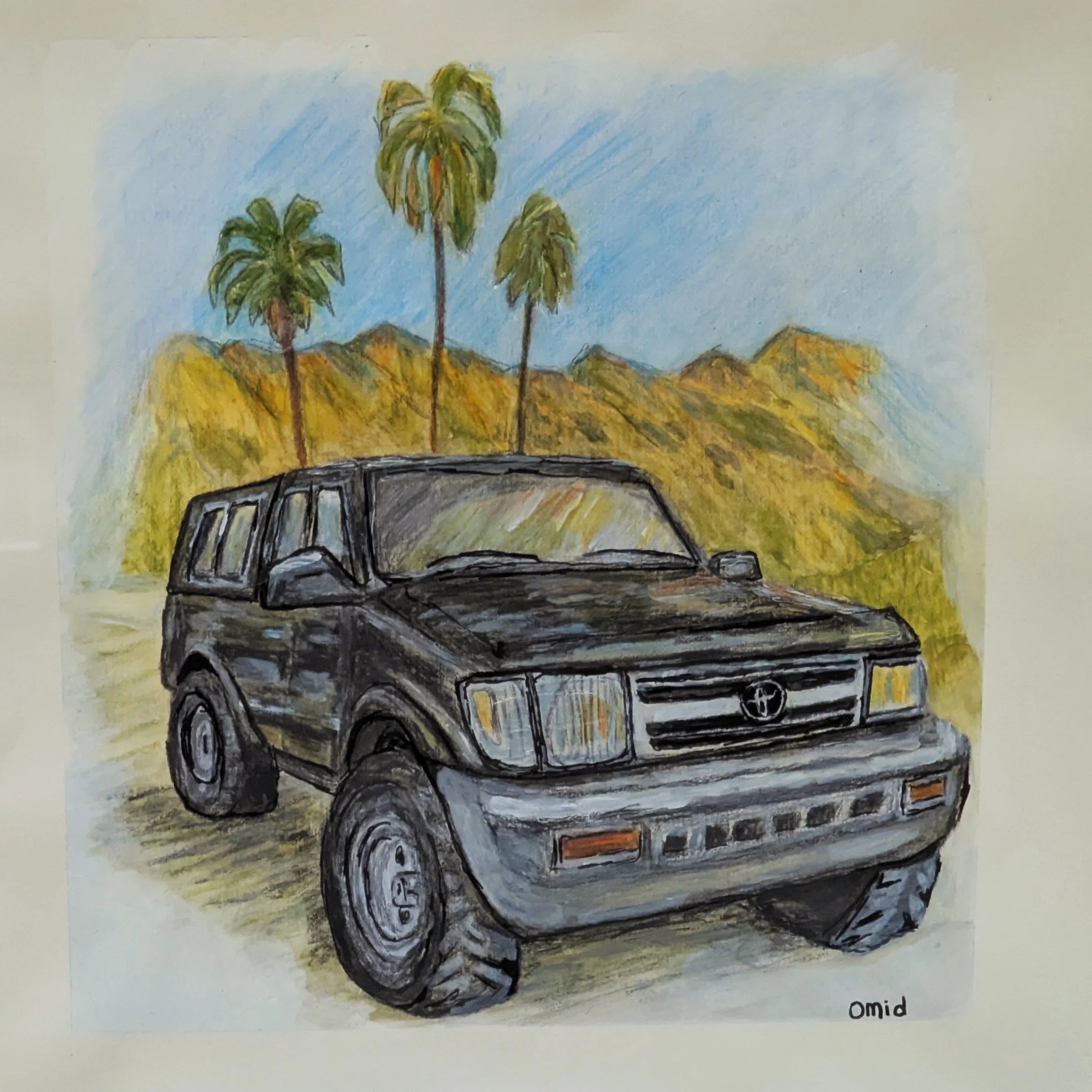 Commissioned 12x12 Illustration Watercolor, Ink, Color Pencils " Jeffe" 1998 Toyota Tacoma