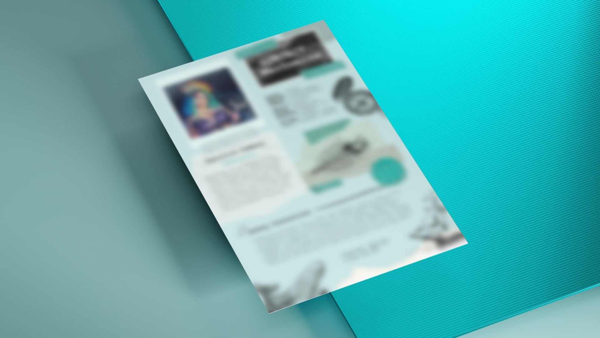 A blurred page of a document with various images and text, placed on a light teal surface with a textured teal object nearby.