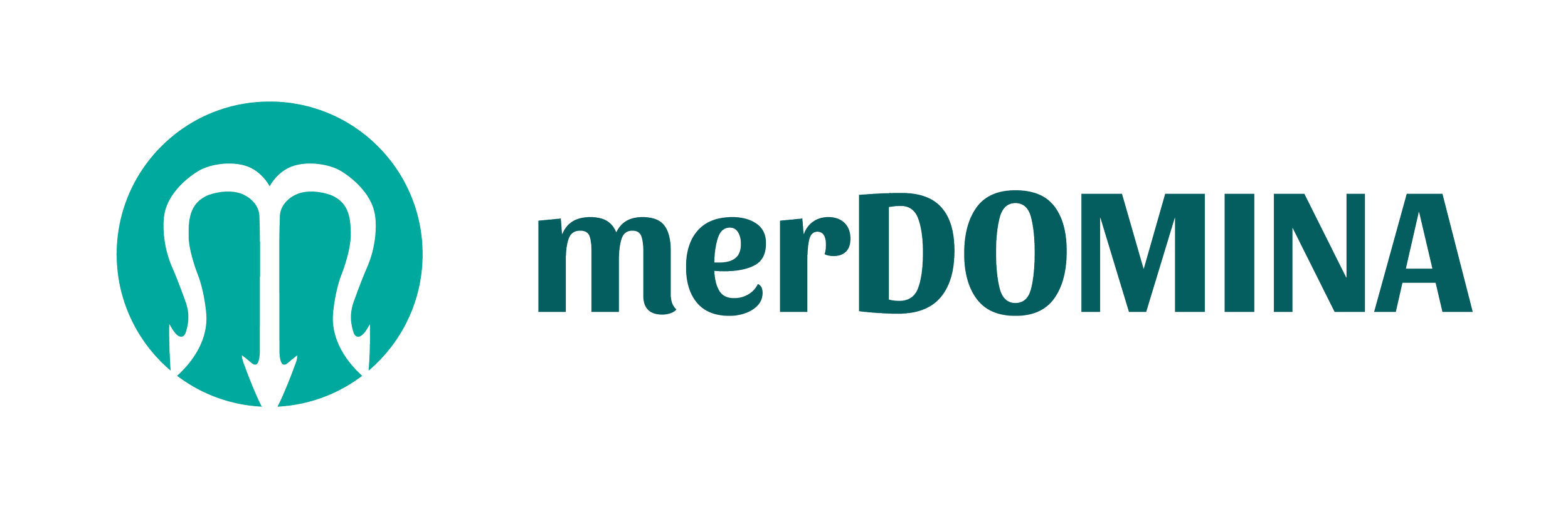 MerDomina logo with a teal icon of an upside-down trident in the shape of an M and the word "merDOMINA" written in white beside it