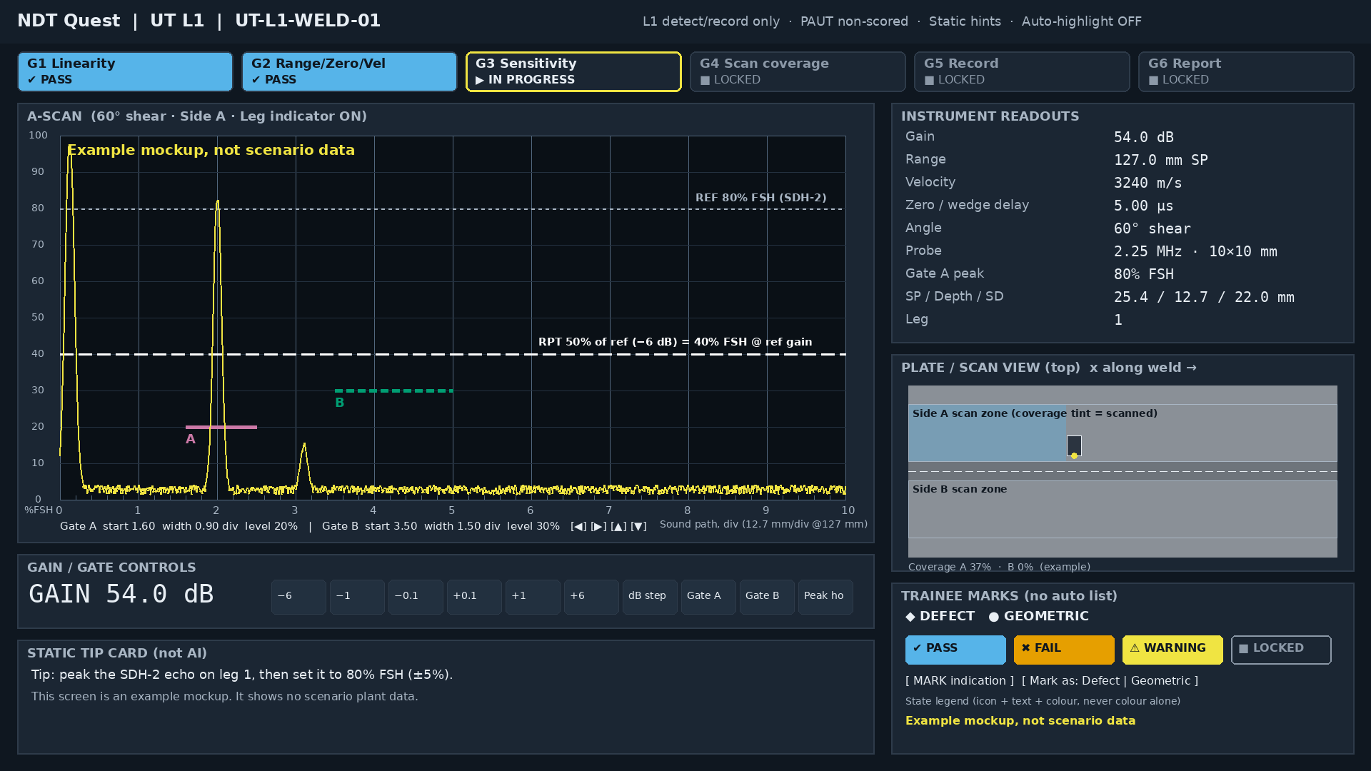 Early in-development mockup of an NDT Quest A-scan calibration screen