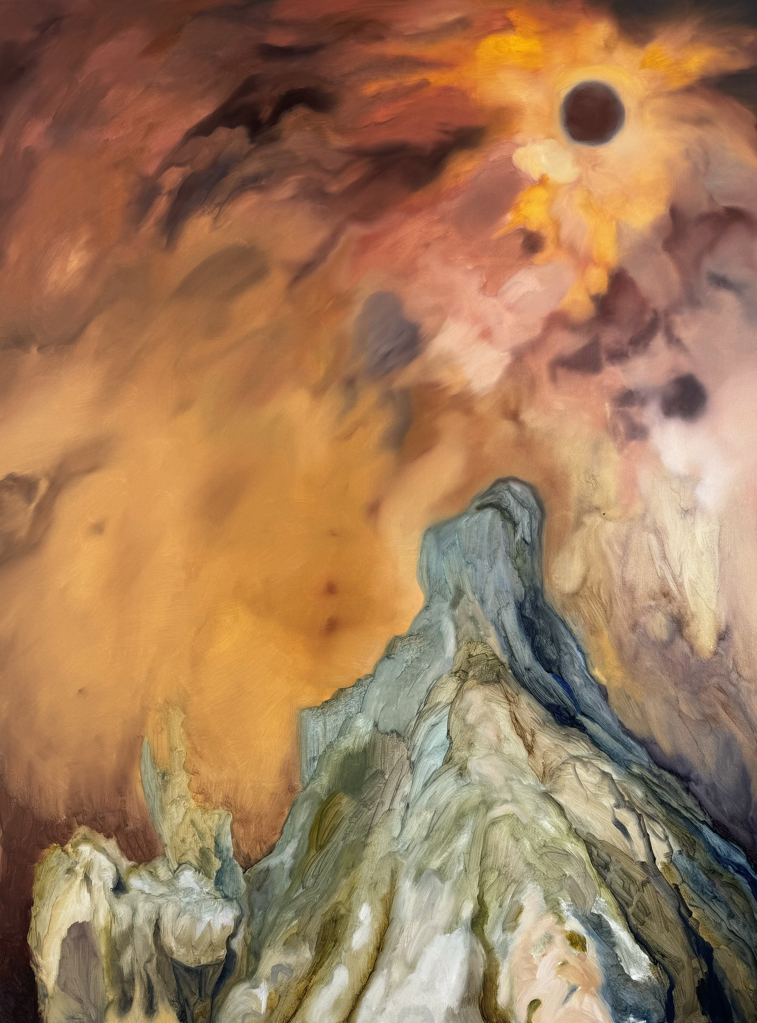 After the Eclipse the Moon Washes its Face to Clean up the Soot, 2024.
Oil on canvas, 48’’x 36’’