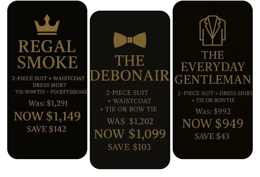 Want the full fit? Now you can with Smoke &amp; Silks packages!

We make it simple to find a tailored look that fits your style and your budget. Our three packages are designed to suit every occasion.
 
Check out our package options below or follow t