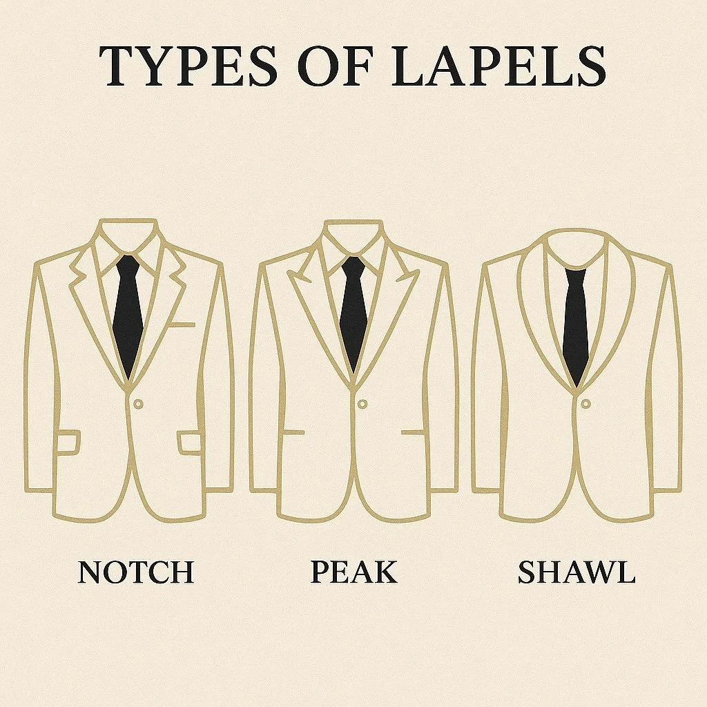Suits 101: Types of Lapels

When it comes to suits, the lapel is a key choice. Here are the three classics every gentleman should know:

🔹 Notch Lapel ~ Timeless and versatile. Perfect for everyday suits, weddings, and business wear.

🔹 Peak Lapel 