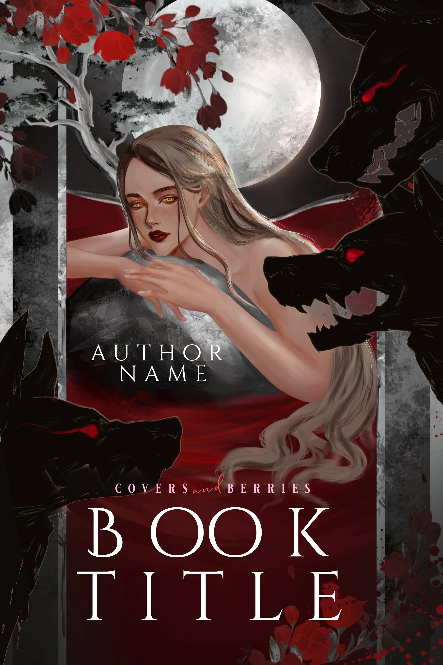 blonde woman with bright orange eyes lying on a rock amongst wolves