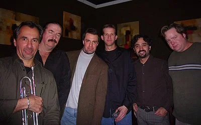with Iter: Peter Anastos (trumpet), Steve Erquiaga (guitar), Andy Dillard (drums),
Jon Herrera (bass), Bryan McVicker (saxophones), Friday, December 1st, 2006, at Joe's, Lafayette, California.
(photo credit - Cindy Surdez)
